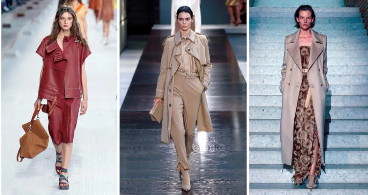 البني ظهر حتى في فساتين المساء والسهرة في عرض «ماكس مارا» لكروز 2020  -  كايلي جينر في عرض «بيربري» لربيع وصيف 2019  -  كما ظهر في عرض «هيرميس»