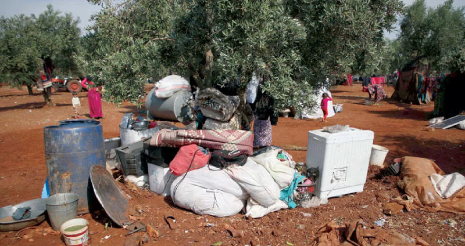 مقتنيات لنازحين سوريين تحت أشجار الزيتون في أطمة بريف إدلب (أ.ف.ب)