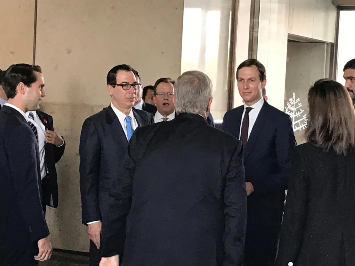 White House senior adviser Jared Kushner and Treasury Secretary Steven Mnuchin at Manama's Four Seasons hotel, the venue of the Peace to Prosperity conference, Bahrain, June 25, 2019. (Reuters)