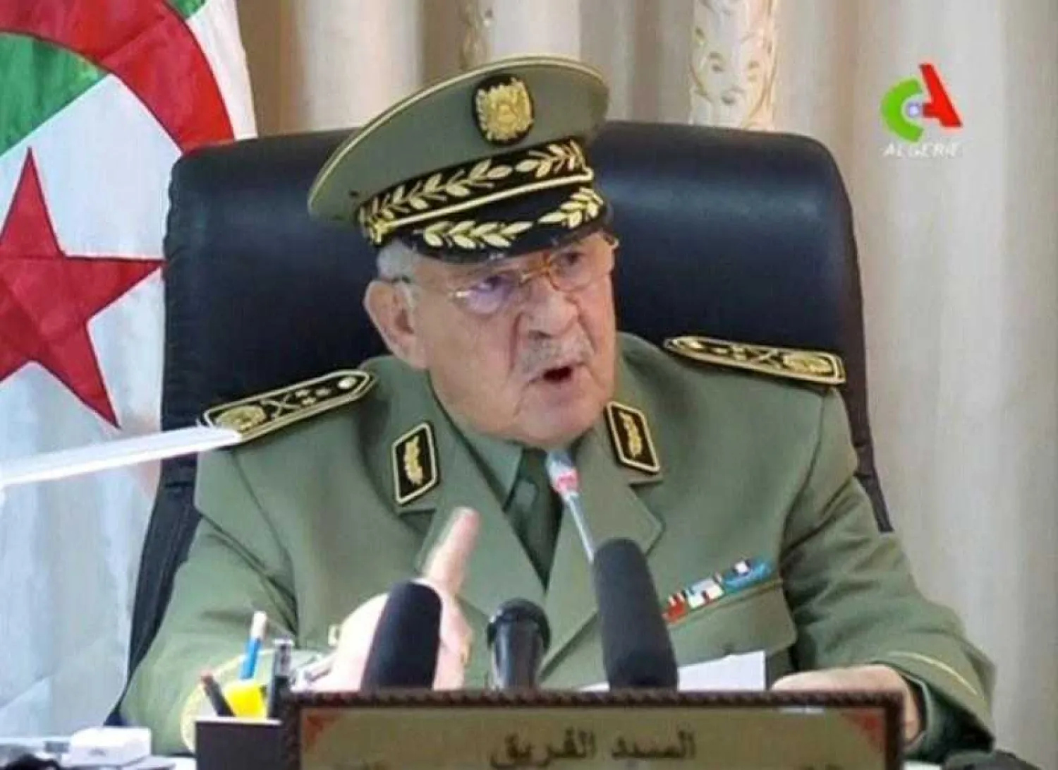 Algeria's army chief of staff Lieutenant General Ahmed Gaid Salah speaks during a meeting in Algiers, Algeria, in this handout still image taken from a TV footage released on April 2, 2019. Canal Algerie /Handout via Reuters