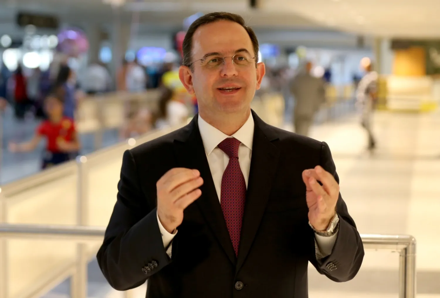 Lebanese Minister of Tourism Avedis Guidanian gestures as he talks during an interview with Reuters, at Beirut International Airport, Lebanon July 3, 2019. (Reuters)