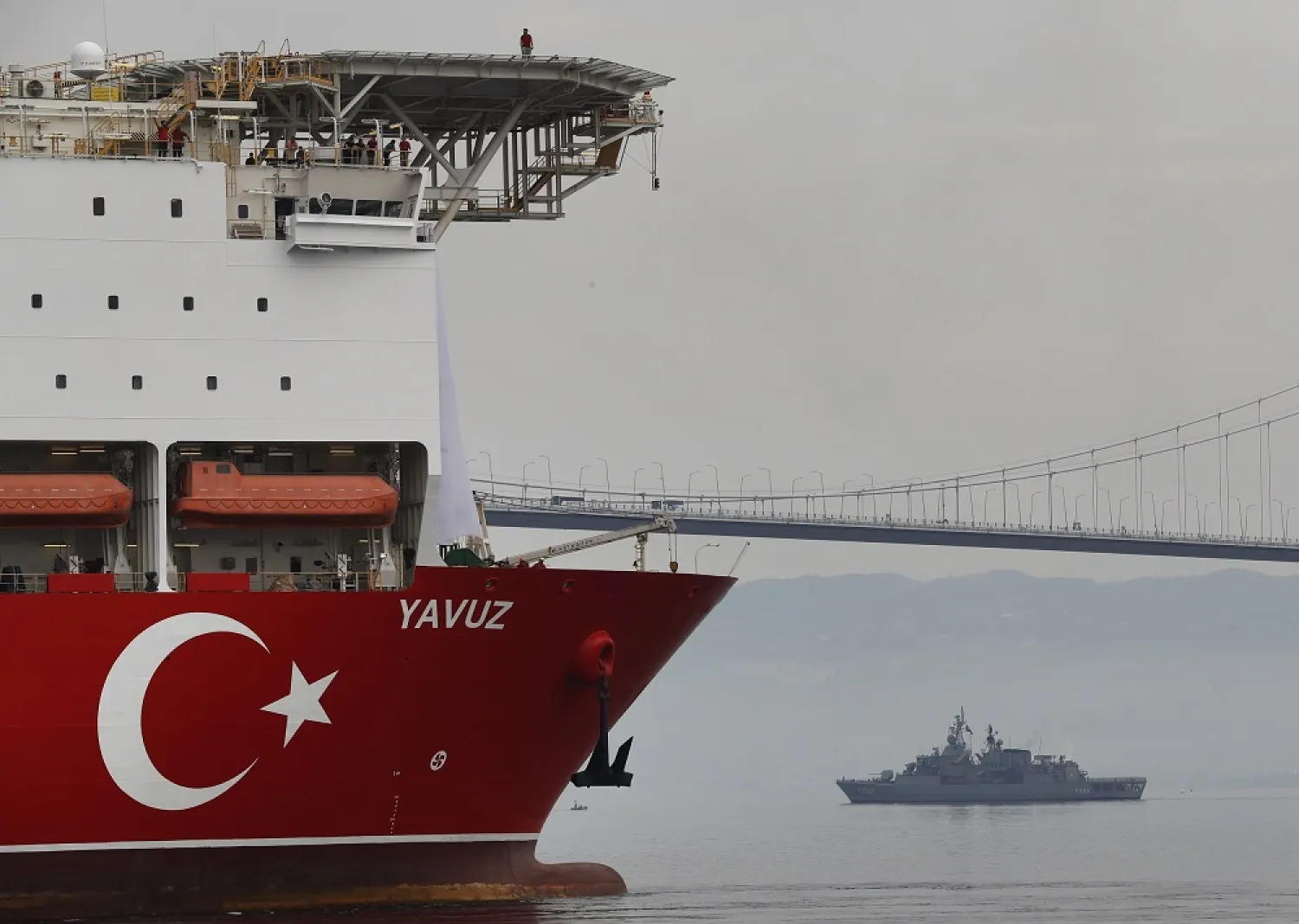 Turkey's Yavuz drillship, escorted by a Turkish Navy vessel, crosses the Marmara Sea on its way to the Mediterranean, from the port of Dilovasi, June 20, 2019. (AP)