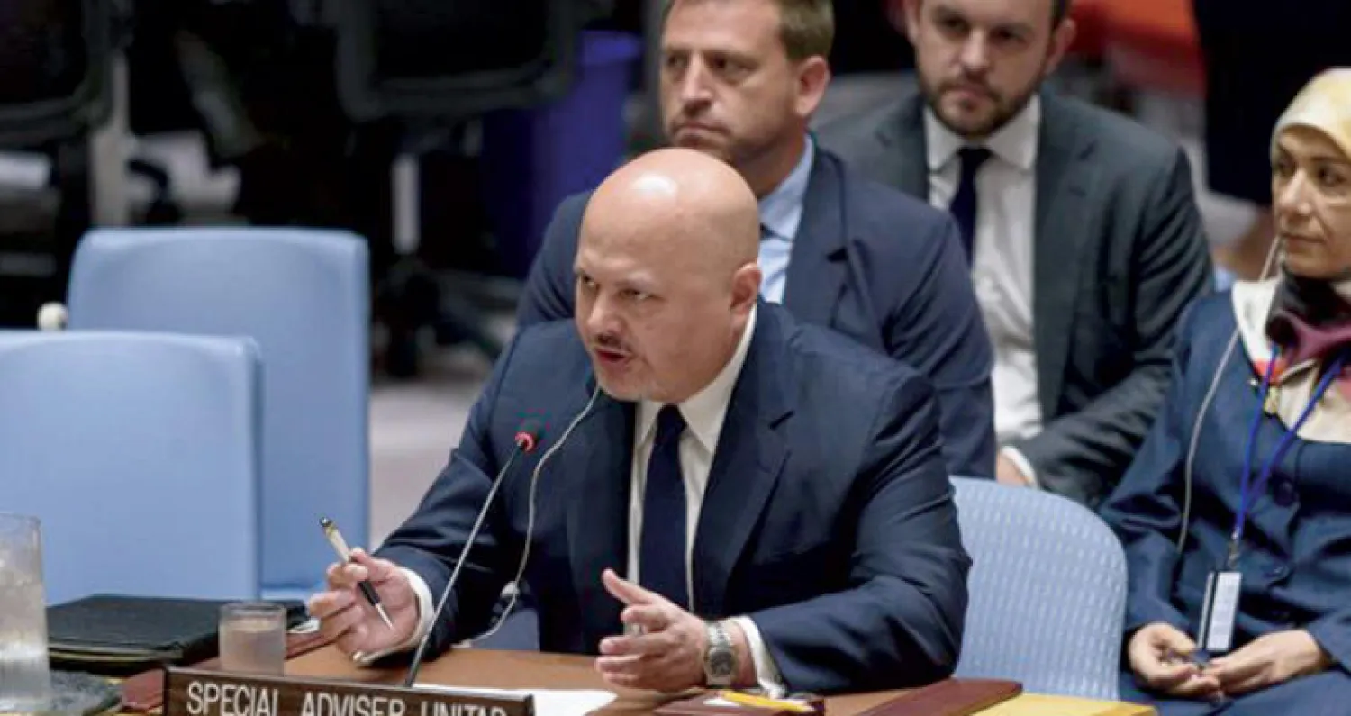 رئيس فريق الأمم المتحدة كريم أسد أحمد خان يتحدث أمام أعضاء مجلس الأمن أول من أمس عن الجرائم التي ارتكبها «داعش» في العراق وبلاد الشام (الأمم المتحدة)