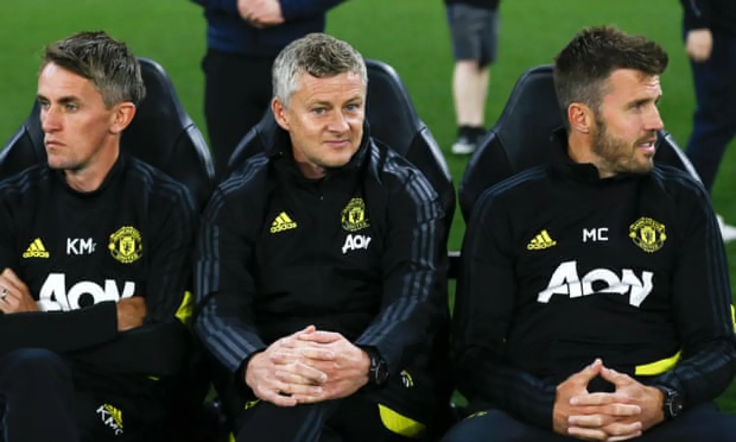  Ole Gunnar Solskjær (centre) has been given license to reconfigure his backroom staff. Photograph: David Woodley/Action Plus via Getty Images
