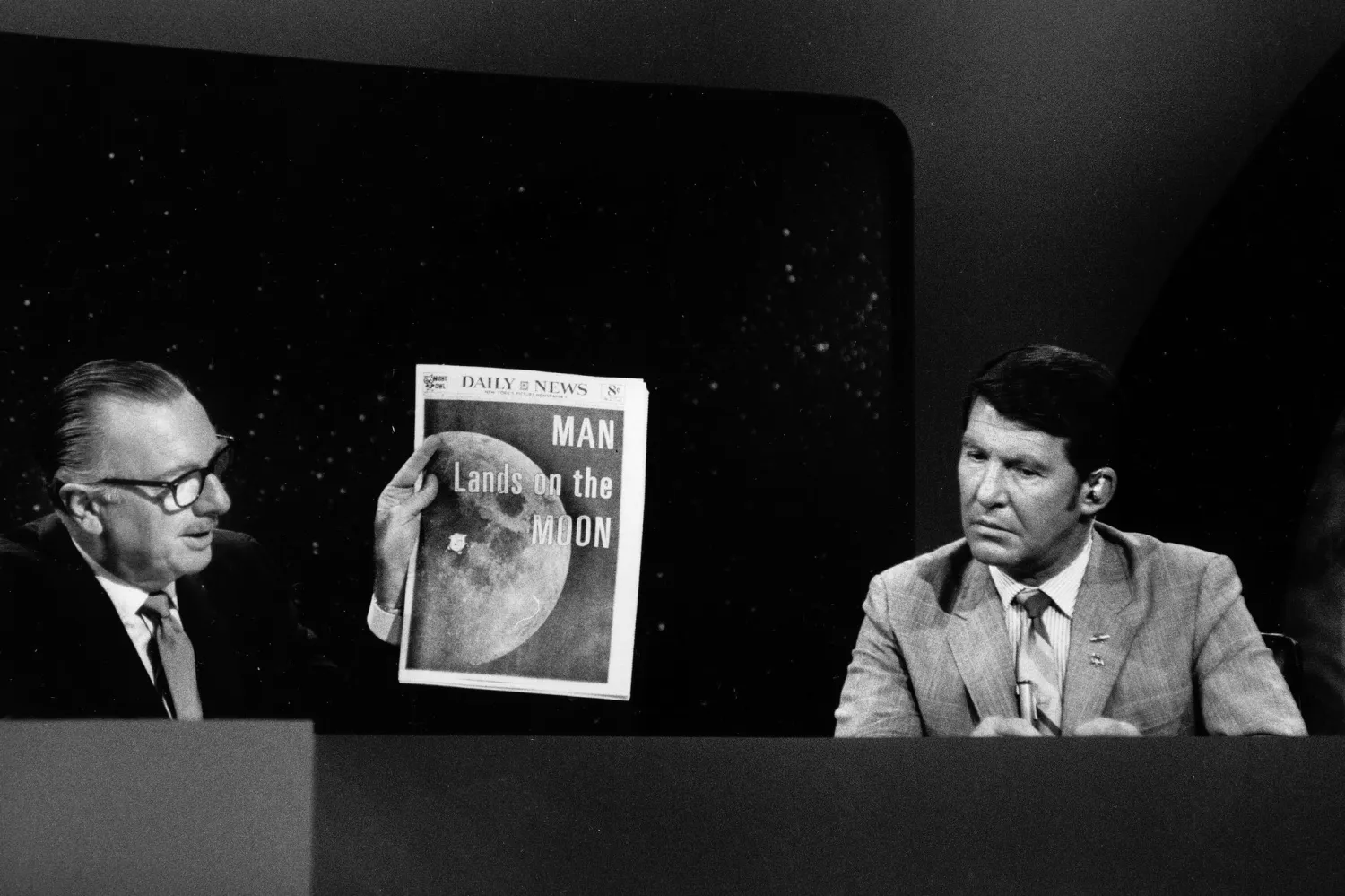 TV news anchor Walter Cronkite, left, with astronaut Walter Schirra during coverage of Apollo 11 on CBS on July 20, 1969.CreditCBS Photo Archive/Getty Images