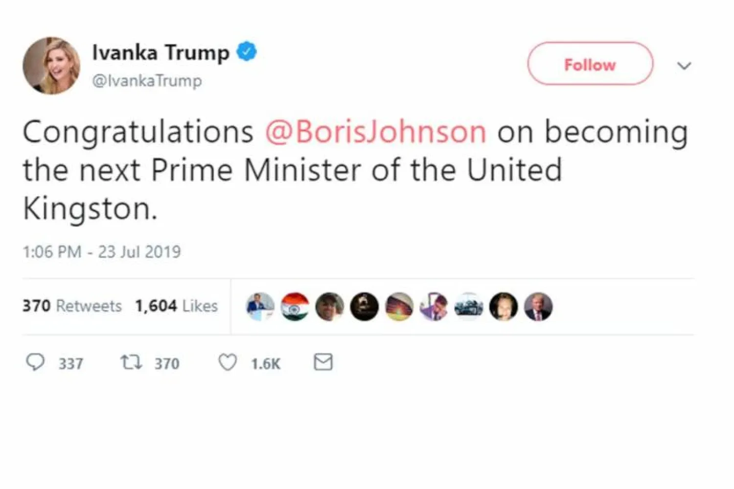 تغريدة إيفانكا ترمب تظهر الخطأ في كلمة «مملكة» (تويتر)