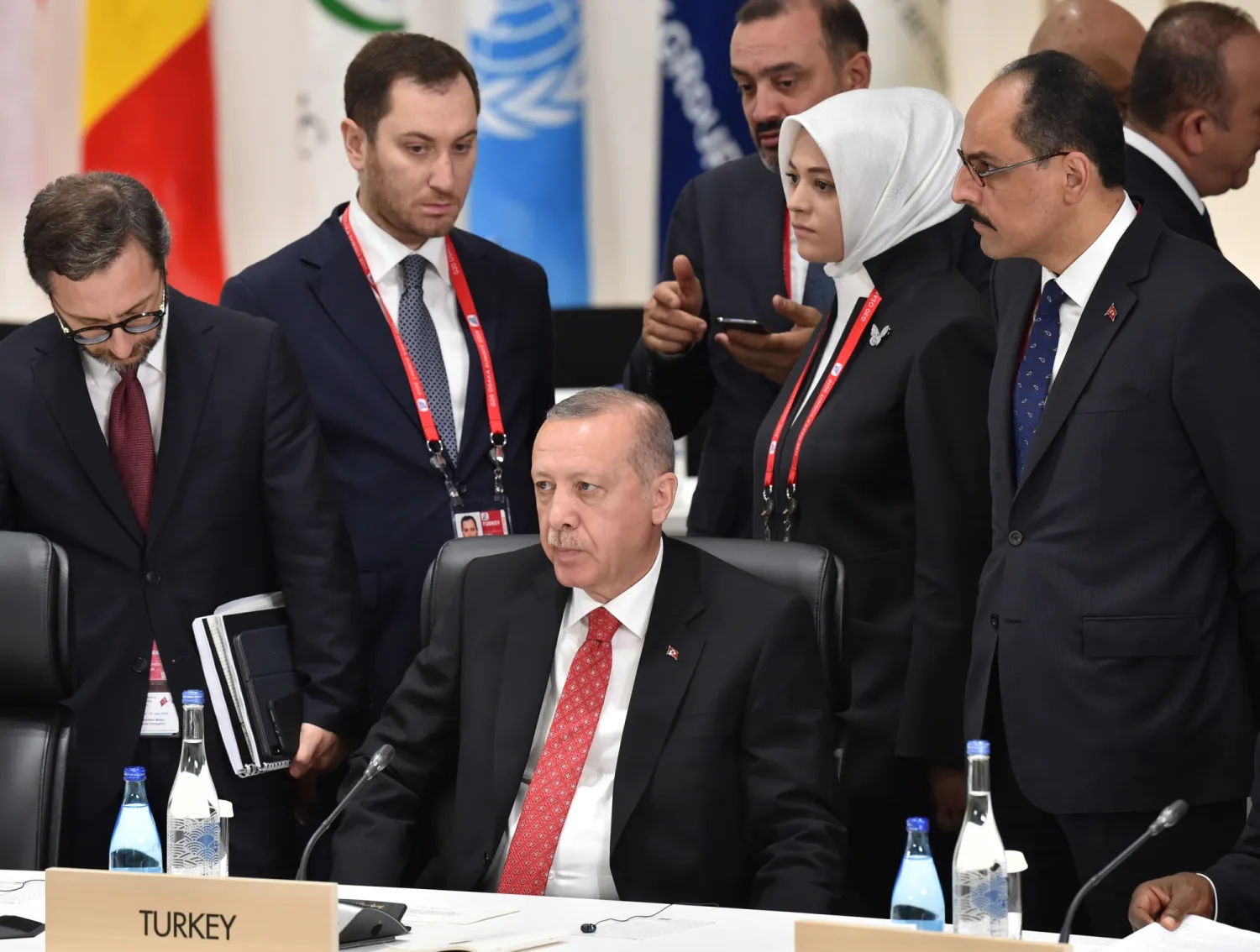 Turkish President Recep Tayyip Erdogan, center, attends a session at the G-20 summit in Osaka. Kazuhiro Nogi/AFP 