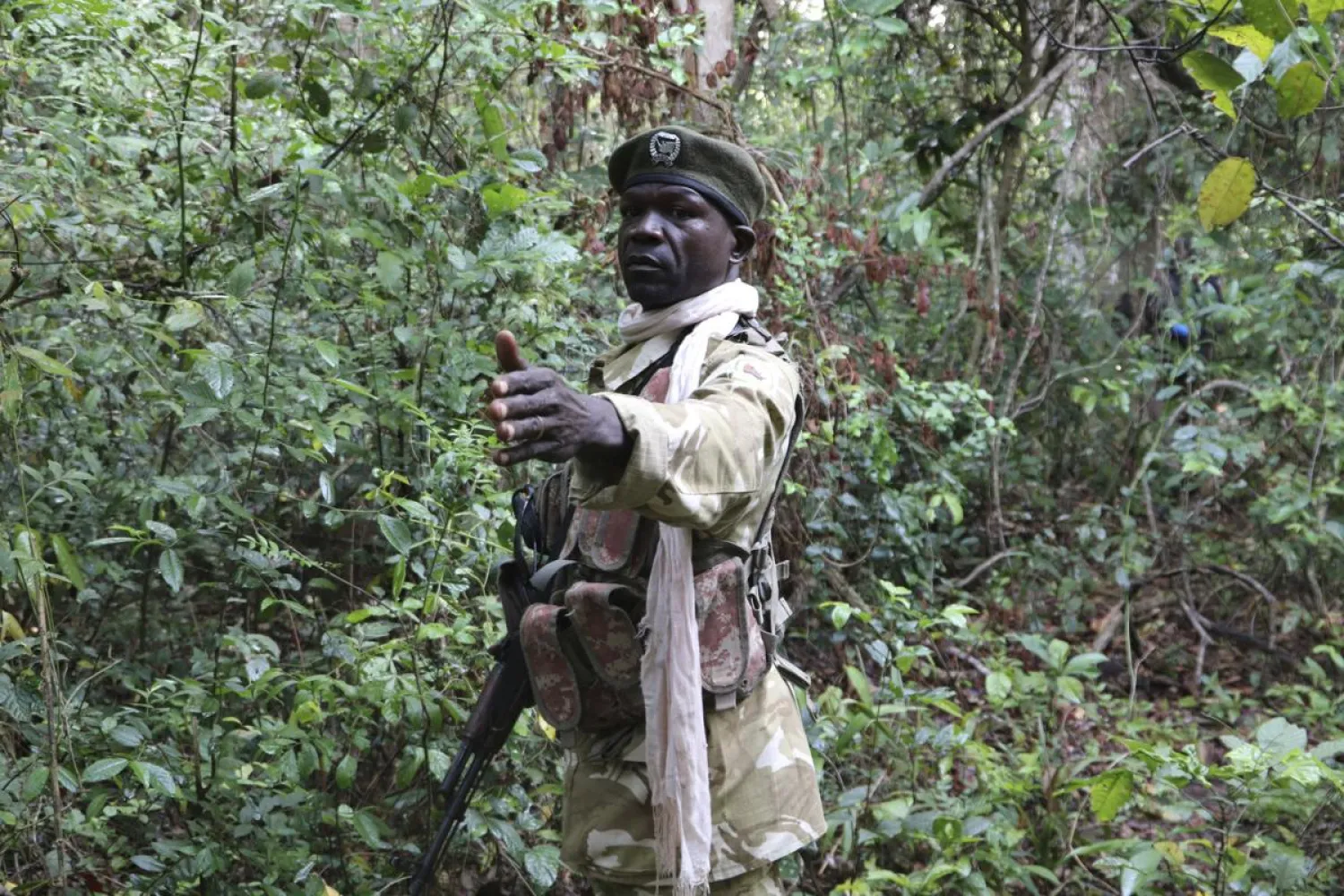 In this photo of Saturday March 16 2019, Wildlife ranger, Charles Matthew directs his team during a patrol in the Bire Kpatous game reserve along the Congolese border. (AP)