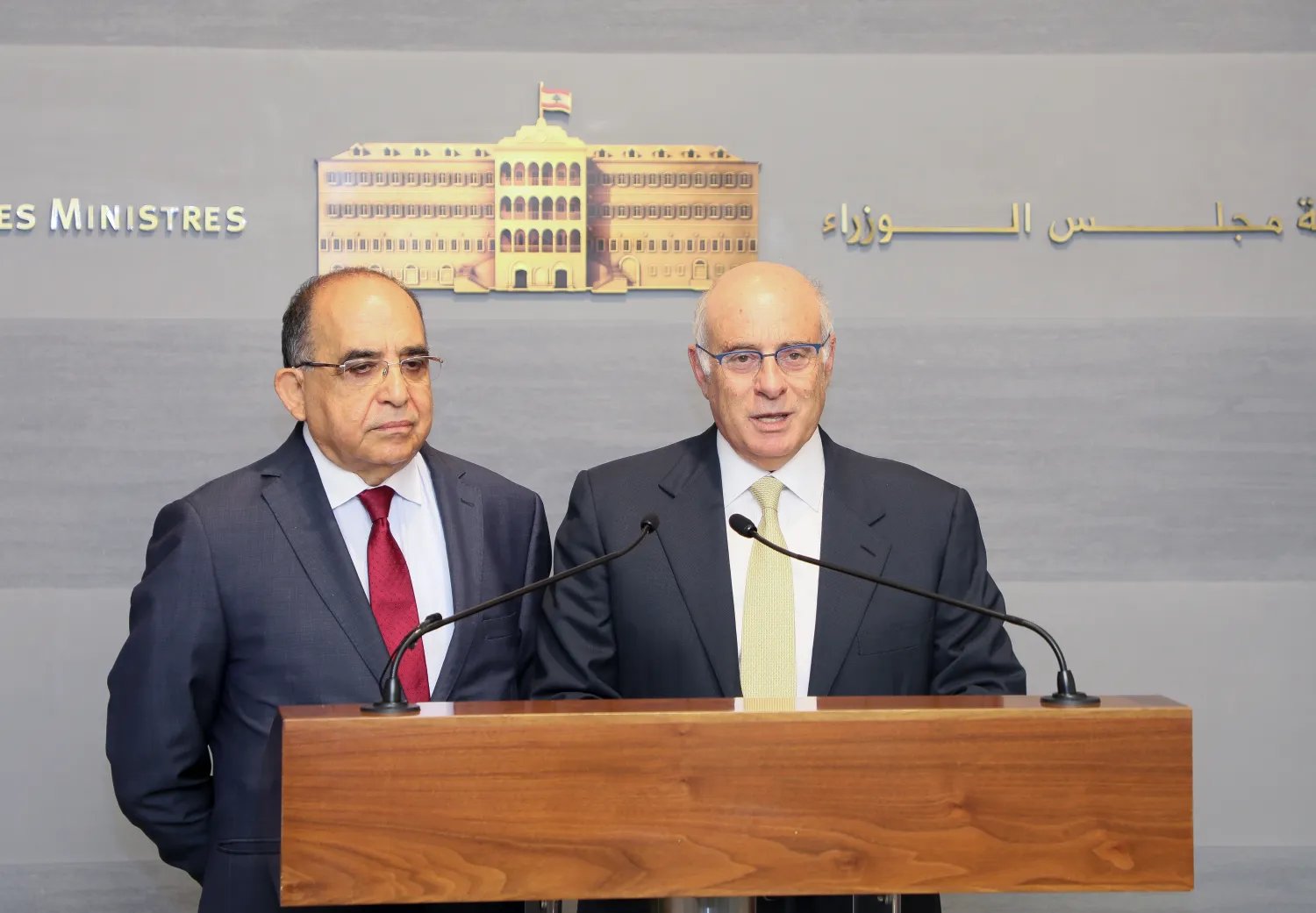 Press conference for Labor Minister Kamil Abu Suleiman and and head of the Lebanese-Palestinian Dialogue Committee Hassan Mneimneh on Monday at the Grand Serail (Dalati&Nohra)