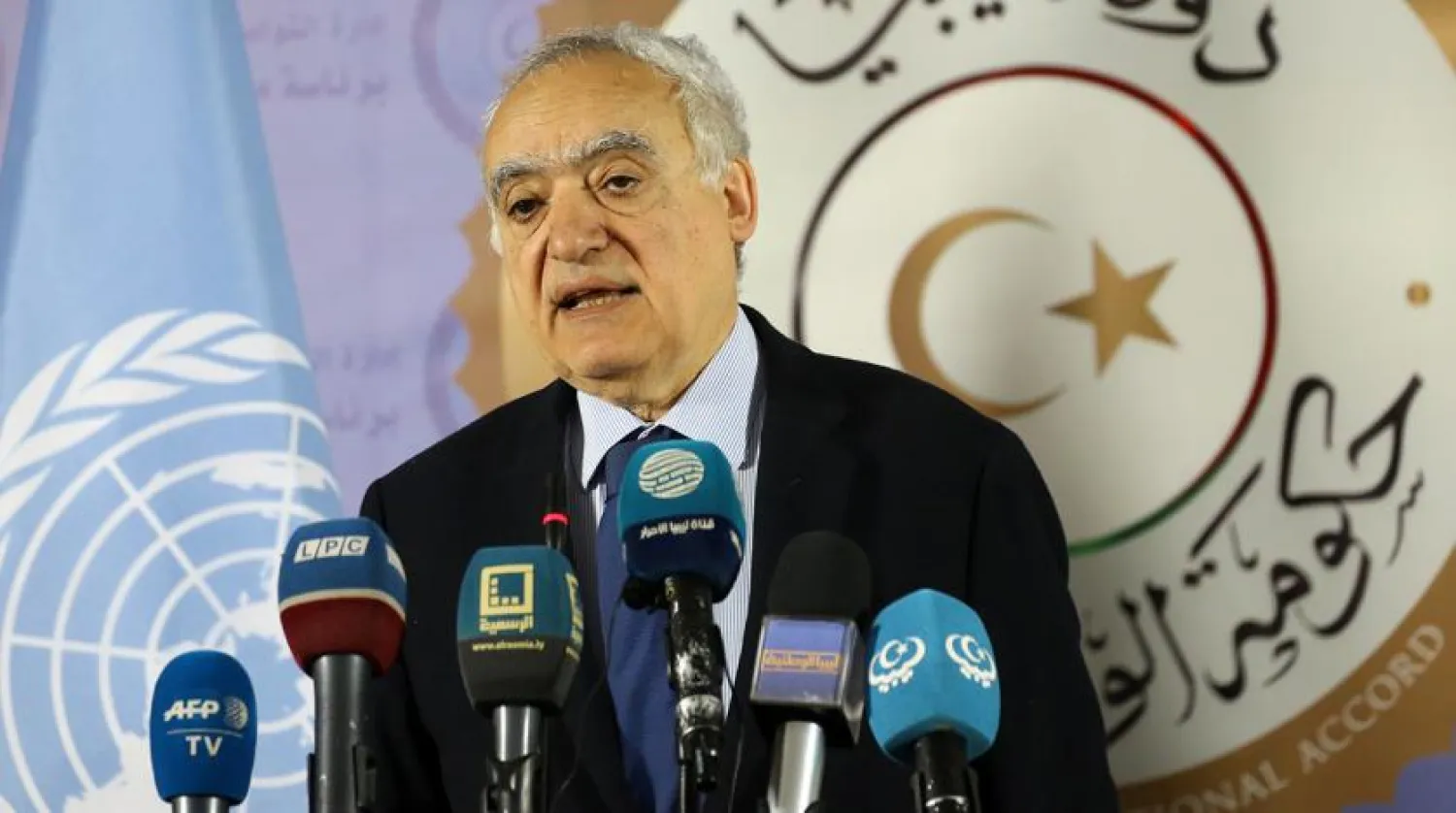 Ghassan Salame, UN special envoy for Libya and head of the UN Support Mission in Libya (UNSMIL) speaks during a press conference in the Libyan capital Tripoli on April 6, 2019. (Photo by Mahmud TURKIA / AFP)