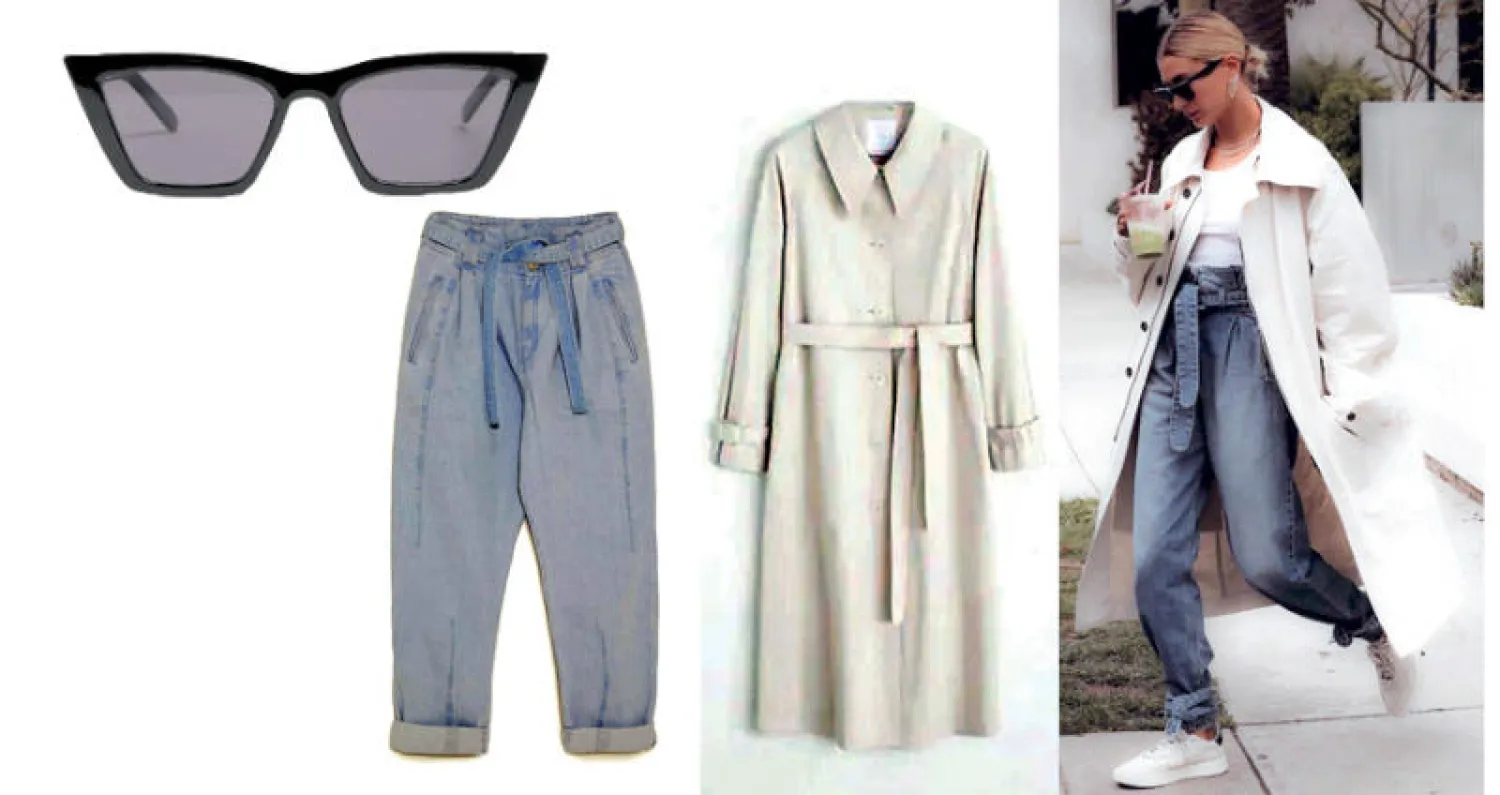 هايلي بالدوين  -  معطف من «مانجو»  -  بنطلون جينز بتصميم «بايبر باج» من زارا  -  نظارة شمسية من «زارا»