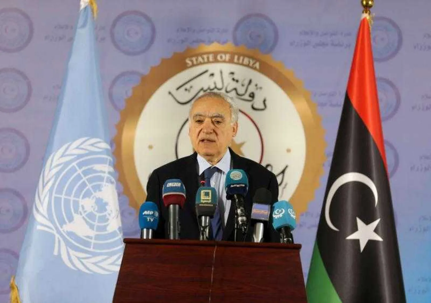 File photo shows UN Envoy to Libya Ghassan Salame speaking during a news conference in Tripoli. Reuters