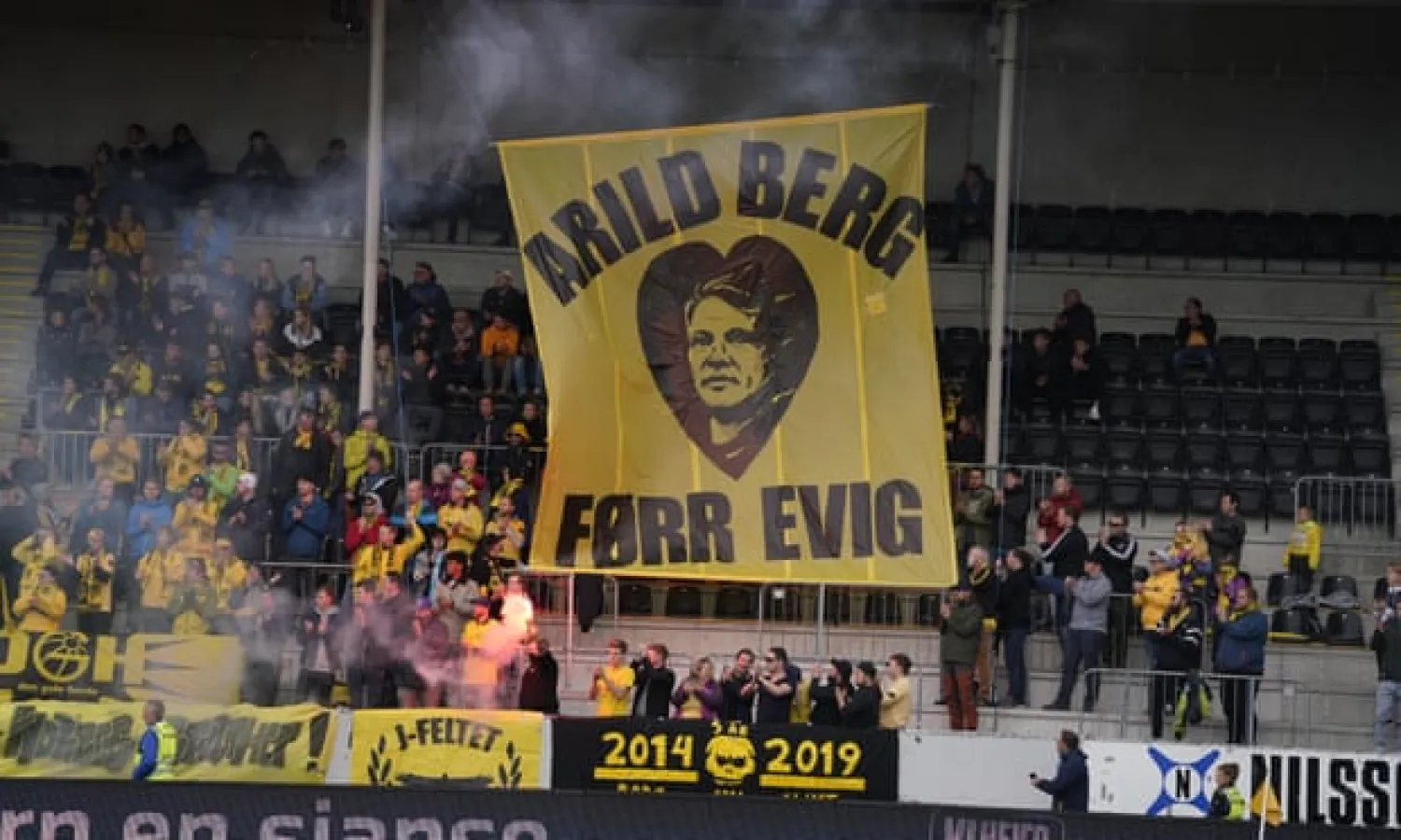  Fans of Bodø/Glimt remembered Berg with a banner during a match against Odd in June. Photograph: Fredrik Hagen/Scanpix Norway/PA
