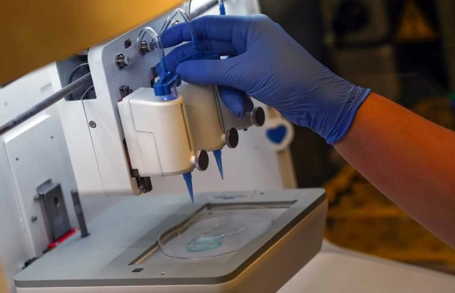 An employee checks the 3D printing of a scaffold for a kidney at Dr. Ali Ertuerk's laboratory in Munich, Germany. Reuters.