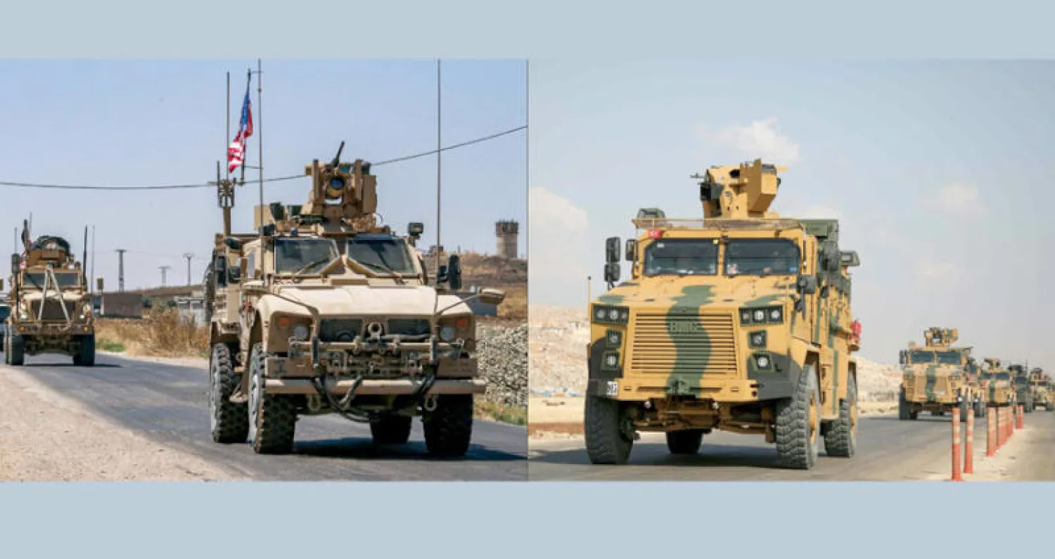 صورتان منفصلتان لعربات أميركية وتركية شمال سوريا (أ.ف.ب)