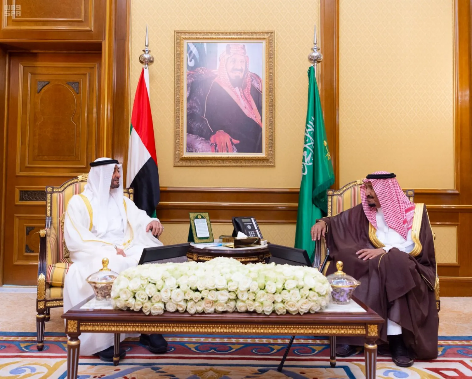 King Salman receives the Crown Prince of Abu Dhabi in Mina. (SPA)