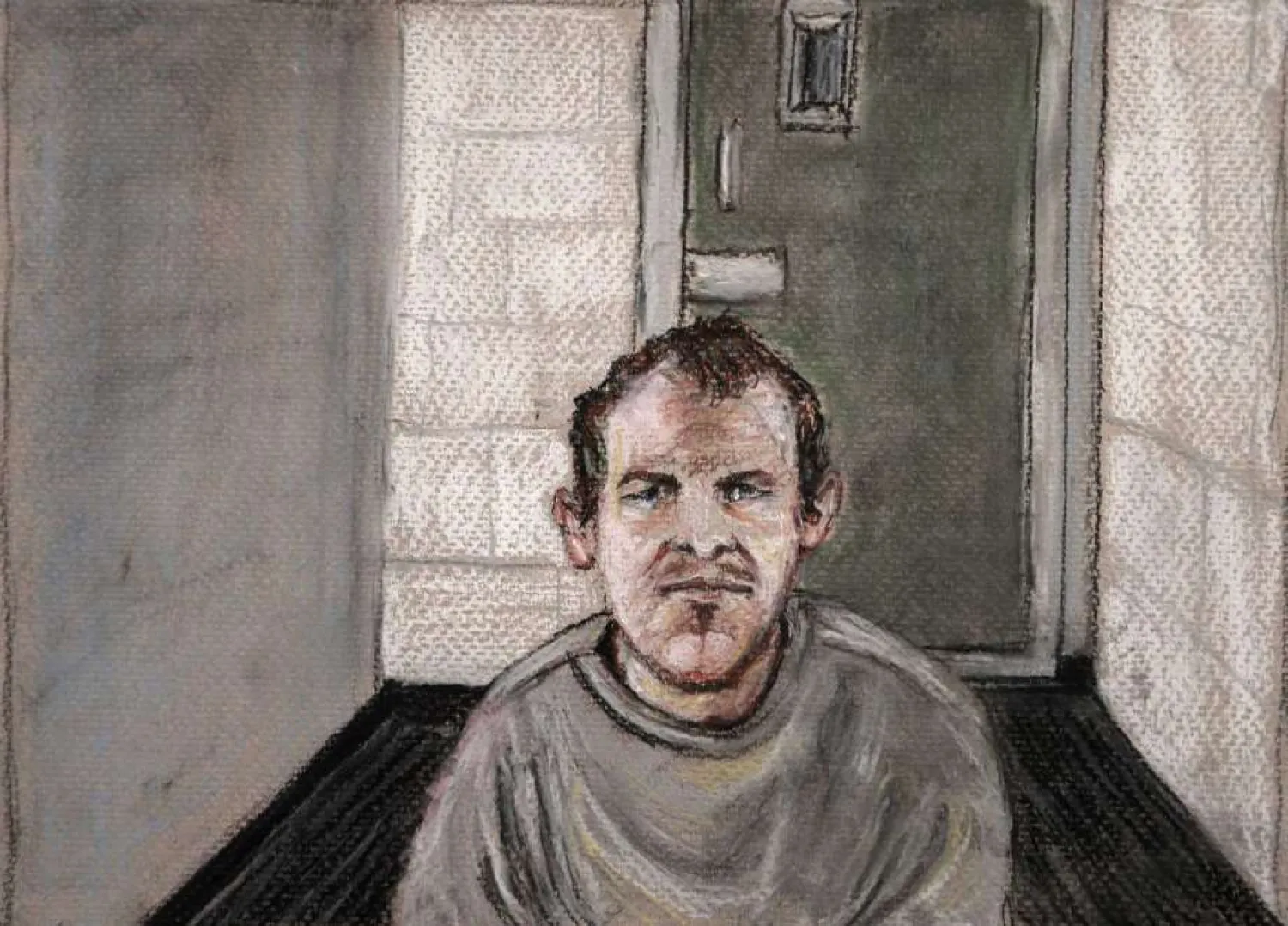 In this June 14, 2019, file courtroom drawing, Brenton Tarrant, the man accused of killing 51 people at two Christchurch mosques on March 15, 2019 appears via video link at the Christchurch District Court, from the maximum security prison in Auckland where he's being held, Christchurch, New Zealand. (AP Photo/Stephanie McEwin, File)