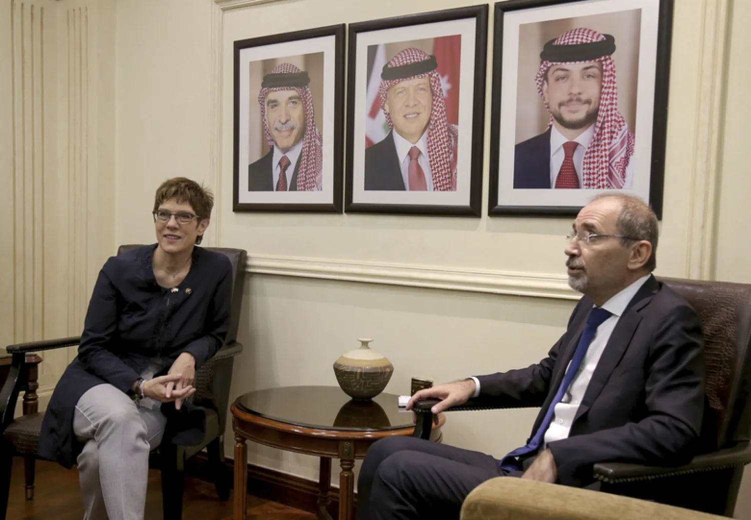 German Defense Minister Annegret Kramp-Karrenbauer, left, meets with Jordan's Foreign Minister Ayman Safadi, in Amman, Jordan, Monday, August 19, 2019. It was Kramp-Karrenbauer's first trip abroad as Defense Minister. (AP Photo/Raad Adayleh)