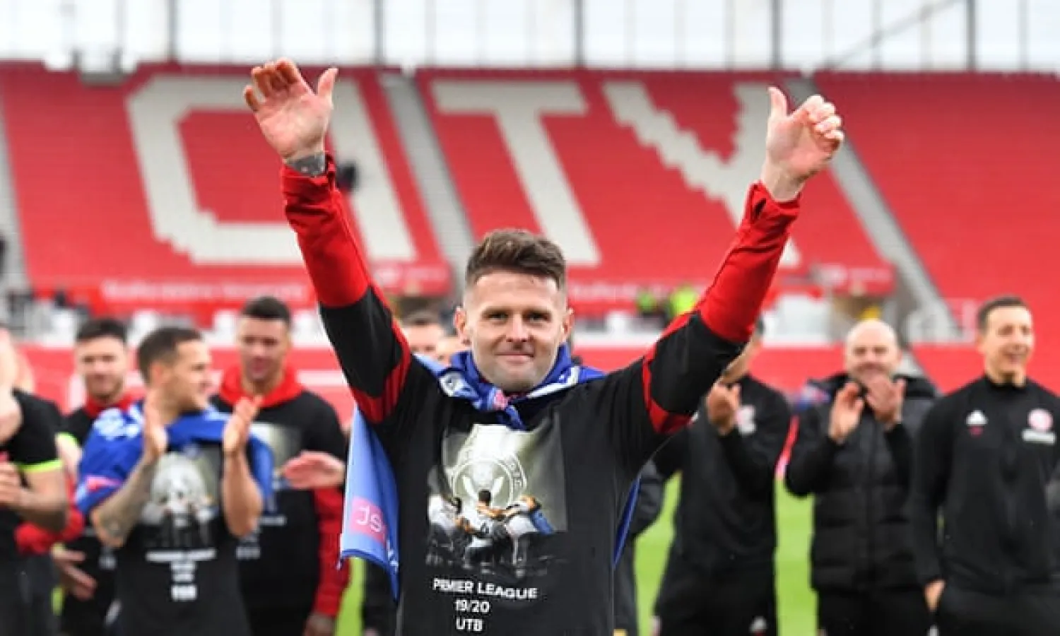  Oliver Norwood celebrates his side’s ascension to the Premier League in May. Photograph: Dave Howarth/PA
