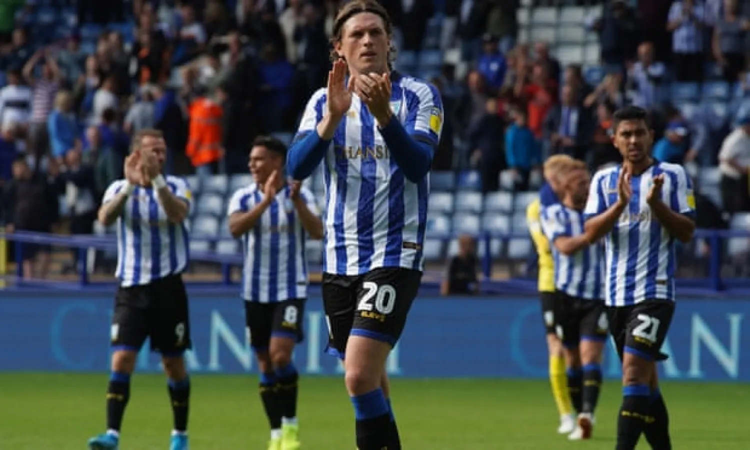  Adam Reach leads his teammates in applauding the fans after the home win over Barnsley. Photograph: Kurt Fairhurst/News Images/Rex Shutterstock
