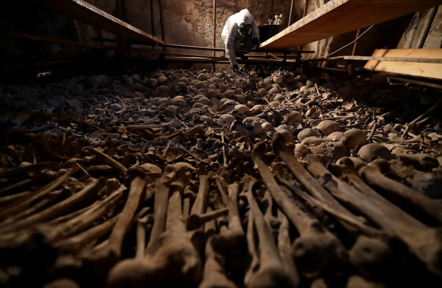 An archaeologist collects human bones as part of a restoration
work in an effort to preserve the Sedlec Ossuary in Kutna Hora, Czech
Republic, February 14, 2019. — Reuters pic