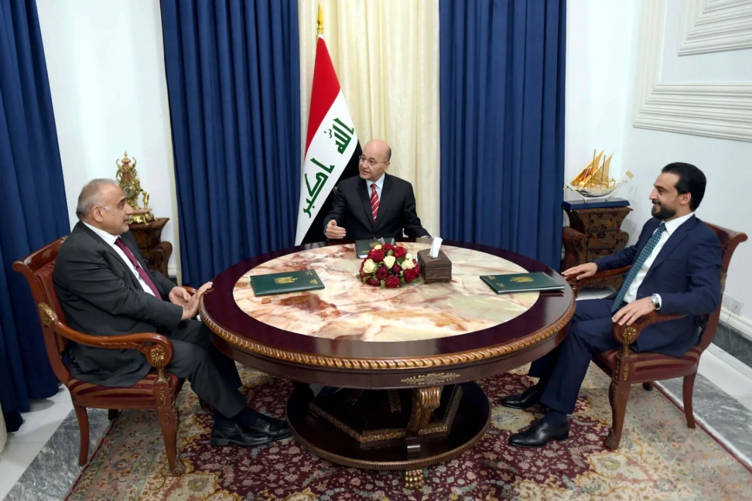 President Barham Salih, Prime Minister Adel Abdul Mahdi and Speaker of the House of Representatives Mohammed al-Halbousi held extensive discussions on Thursday at the Peace Palace in Baghdad. National Iraqi News Agency 