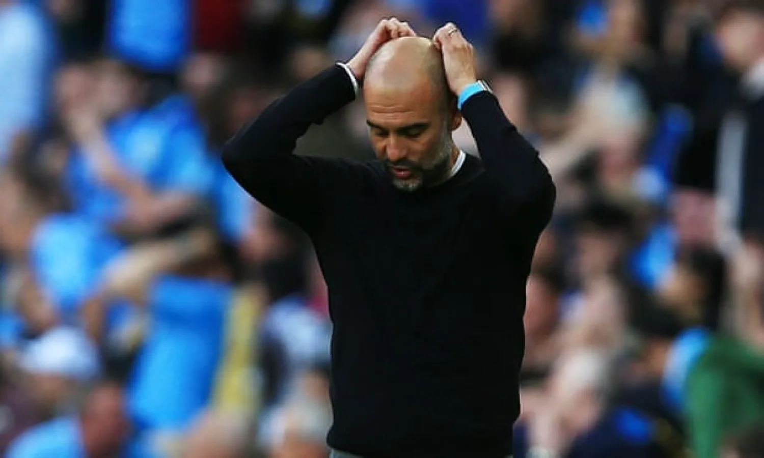  Pep Guardiola was left frustrated after Manchester City saw a late winner ruled out by VAR at home to Tottenham. Photograph: Matt West/BPI/Rex/Shutterstock
