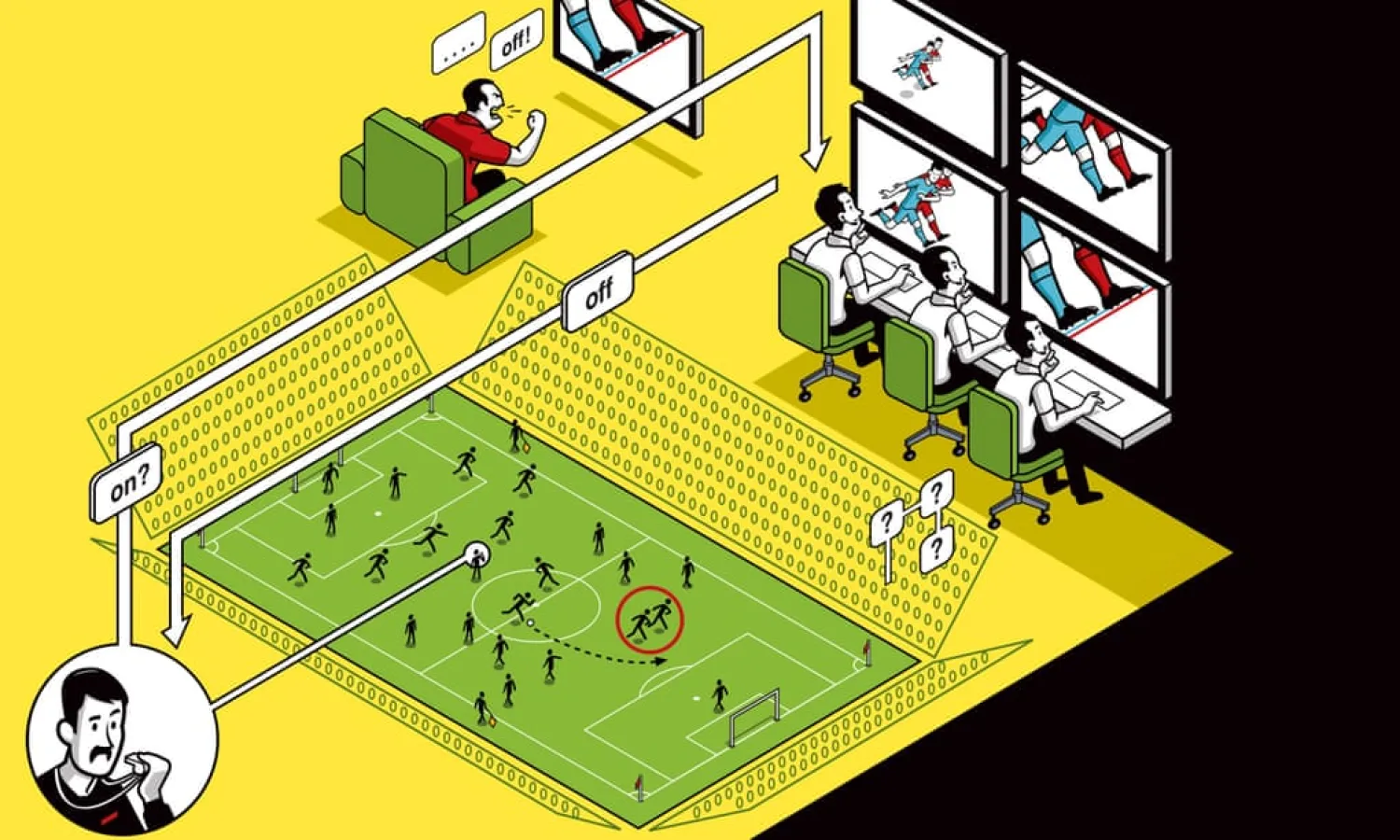  ‘The room is full of TVs, much like a Bond villain’s lair, but with more life-size posters of Paul Tierney and Craig Pawson.’ Illustration: Nathan Daniels/The Guardian

