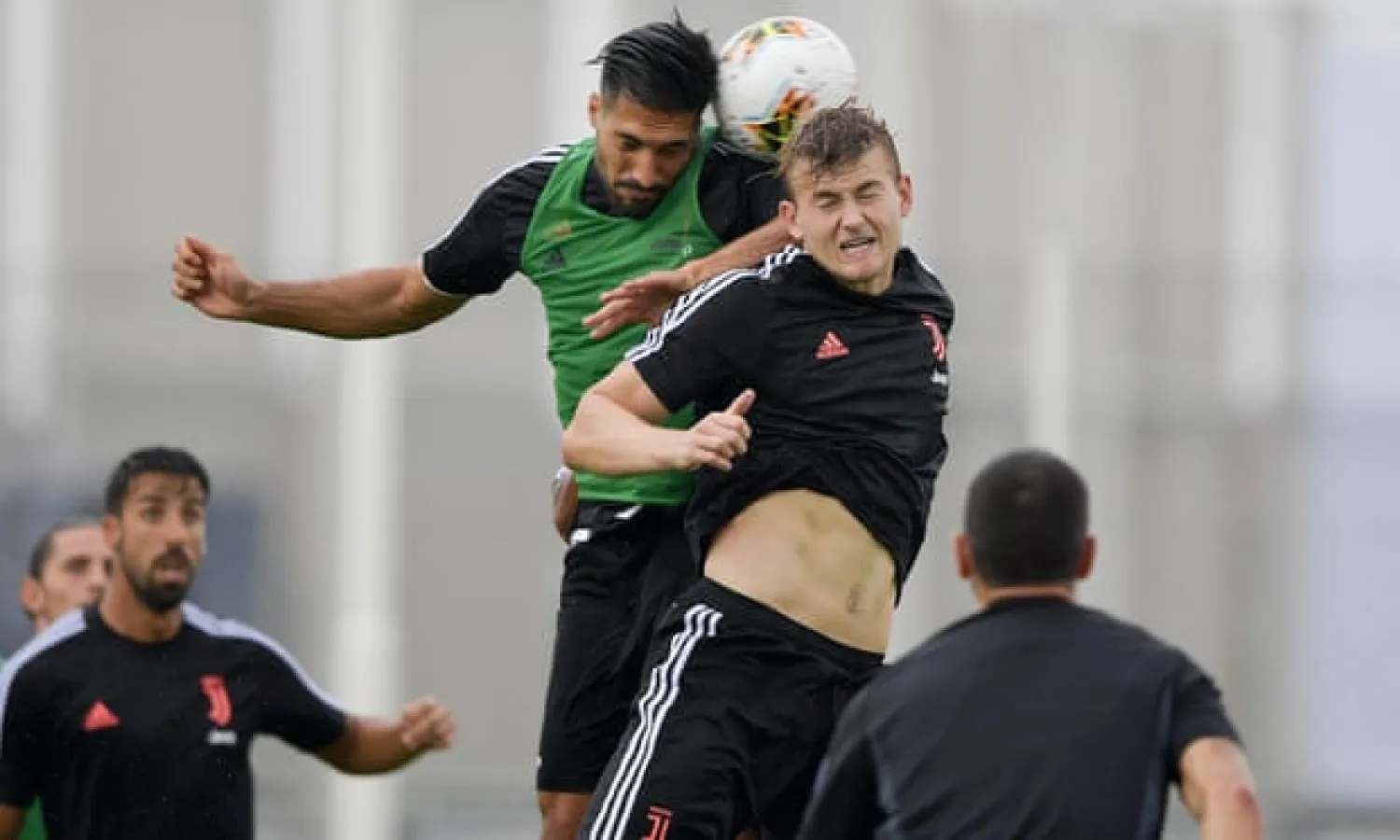  Matthijs de Ligt goes up for an aerial challenge with Emre Can in training. The Dutch defender is the marquee signing of the summer but Juve have an unwieldy squad. Photograph: Daniele Badolato - Juventus FC/Juventus FC via Getty Images
