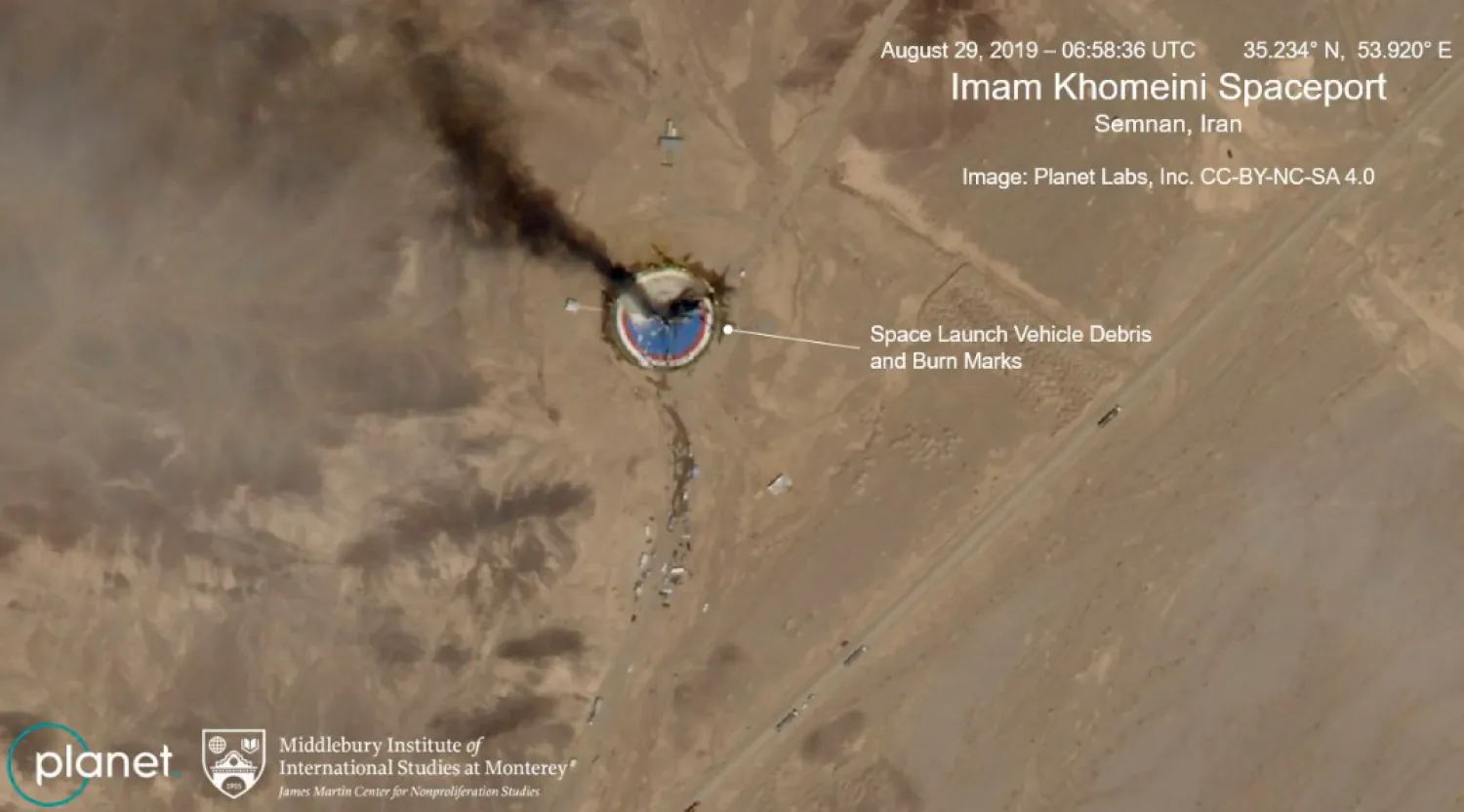 This satellite image from Planet Labs Inc., that has been annotated by experts at the James Martin Center for Nonproliferation Studies at Middlebury Institute of International Studies, shows a fire at a rocket launch pad at the Khomeini Space Center in Iran's Semnan province, Thursday Aug. 29, 2019. (Planet Labs Inc, Middlebury Institute of International Studies via AP)