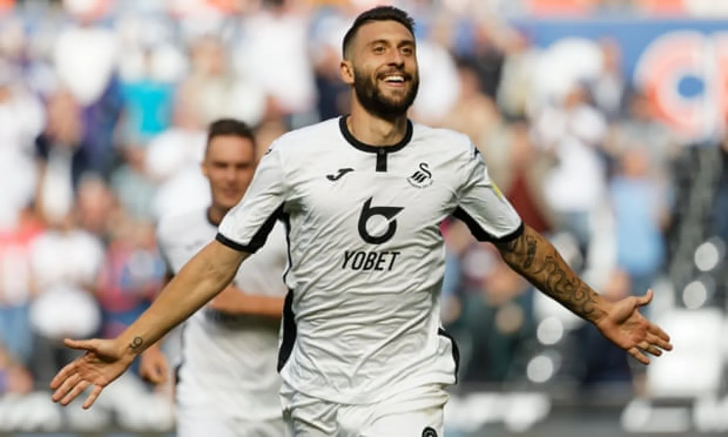  Borja Bastón celebrates one of the five goals he has scored in five games for Swansea this season. Photograph: Athena Pictures/Getty Images
