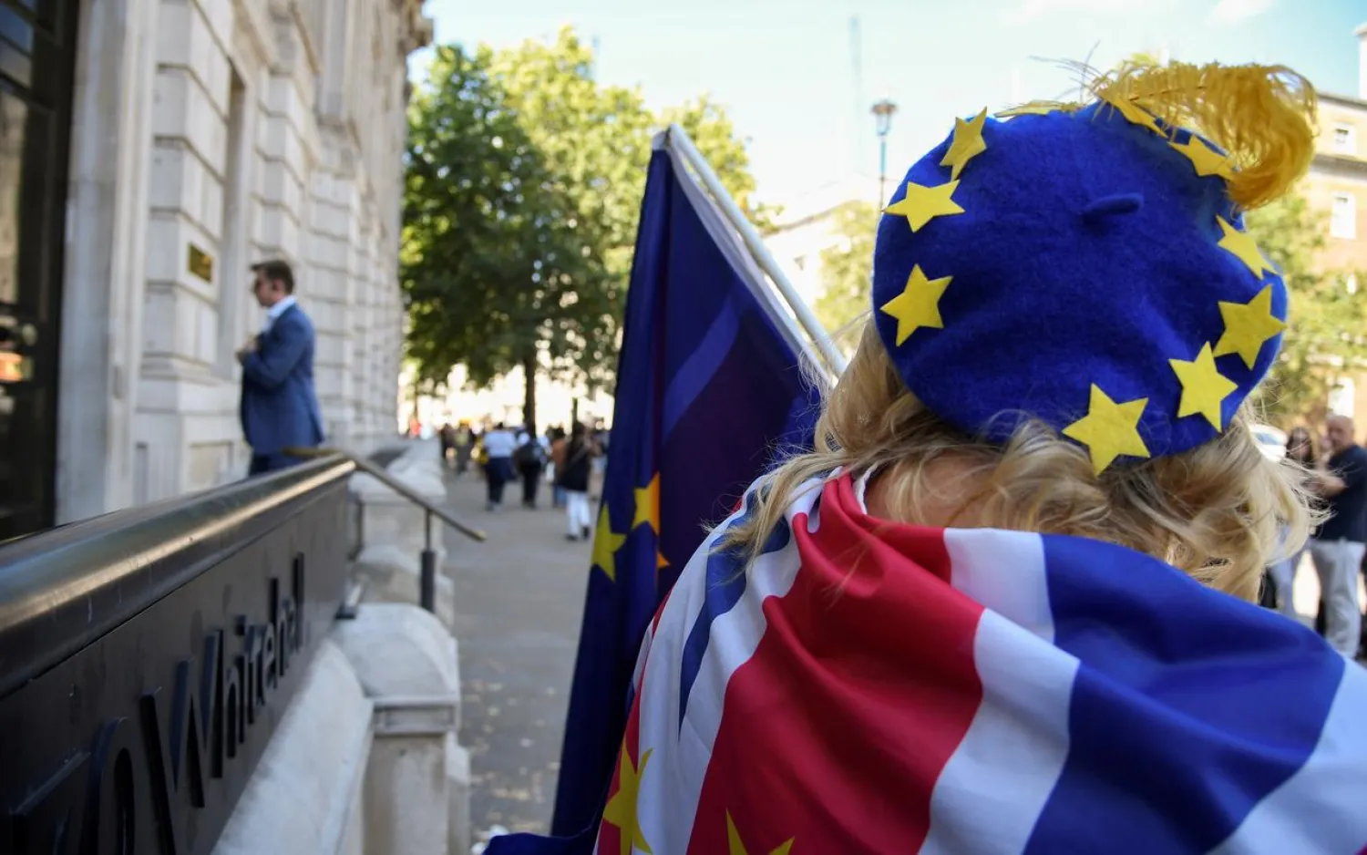 An anti-Brexit protester is seen outside the Cabinet Office in London, Britain July 29, 2019. (Reuters)