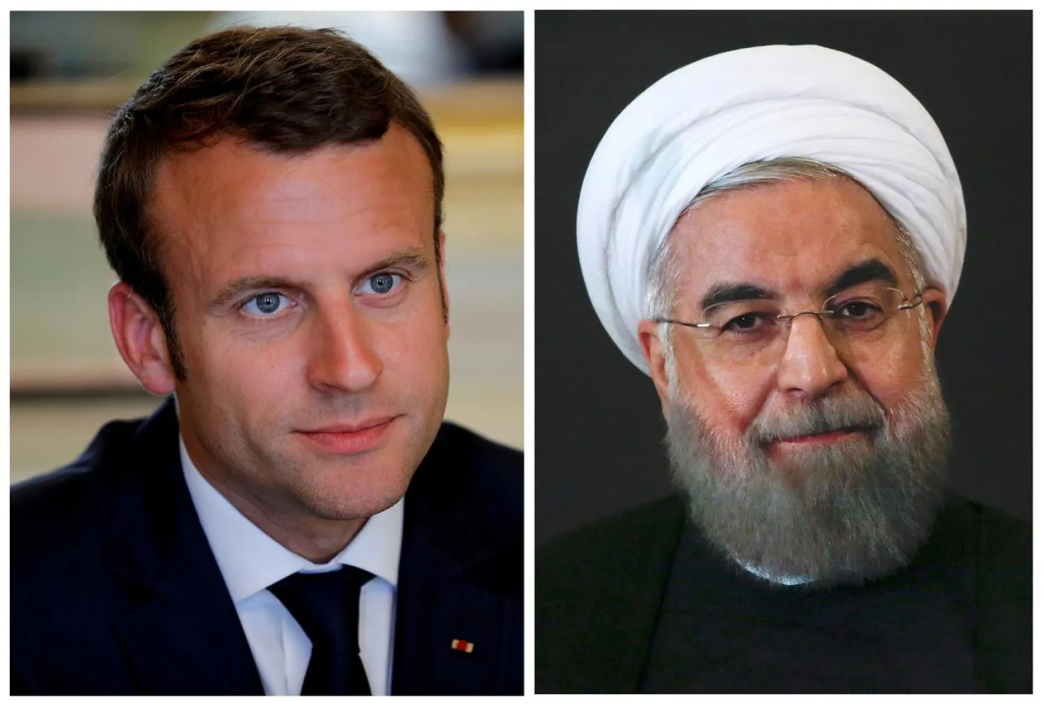 FILE PHOTO: A combination of file photos showing French President Emmanuel Macron attending a meeting at the Elysee Palace in Paris, France, May 23, 2017, and Iran President Hassan Rouhani looking on at the Campidoglio palace in Rome, Italy, January 25, 2016. REUTERS/Philippe Wojazer/Alessandro Bianchi//File Photo