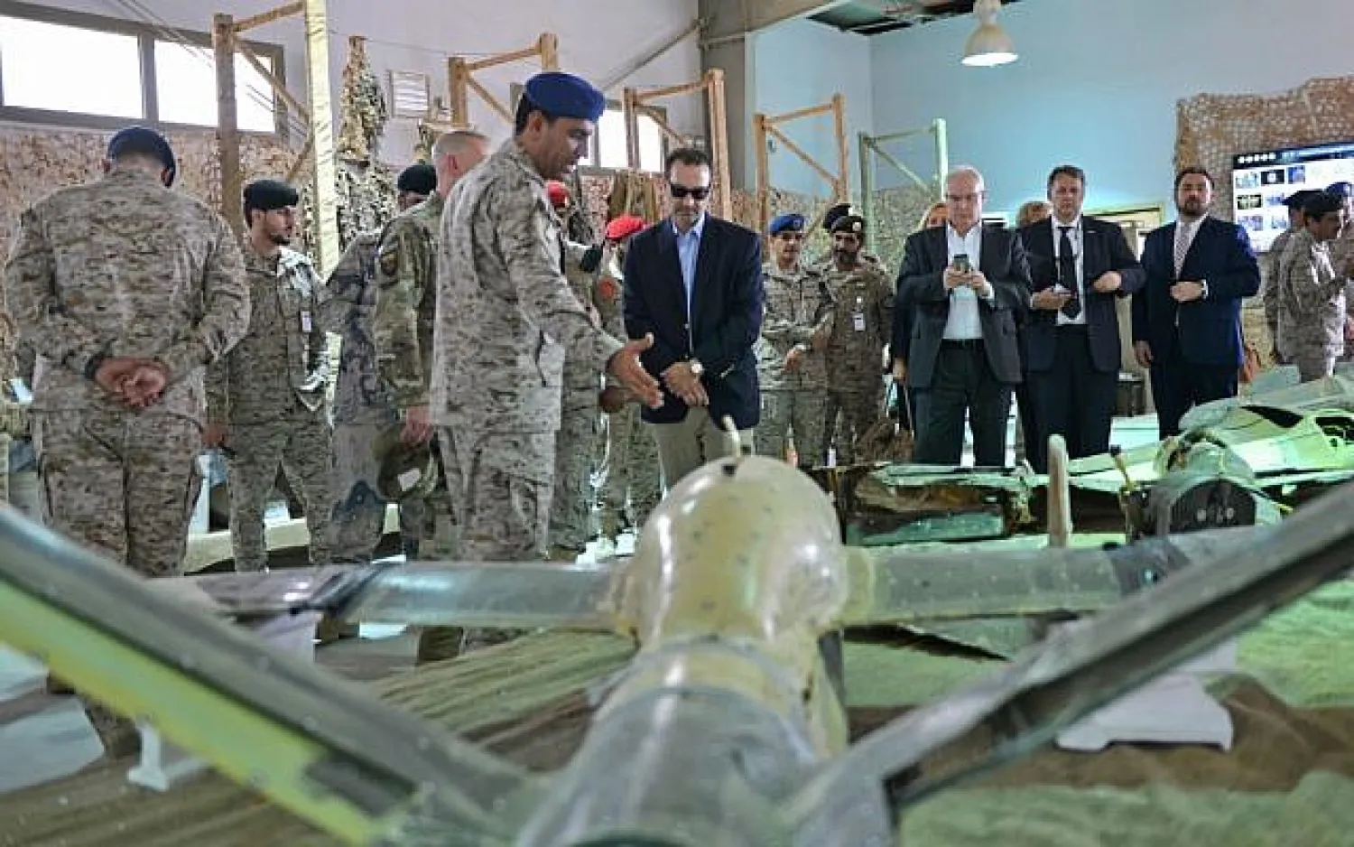 Saudi Colonel Turki bin Saleh al-Malki (Center-L) shows US Assistant Secretary of State for Near Eastern Affairs David Schenker (C) Iranian weapons seized by Saudi forces from Yemen’s Houthis, during a visit to a military base in Al-Kharj in central Saudi Arabia, on September 5, 2019. (Fayez Nureldine/AFP)