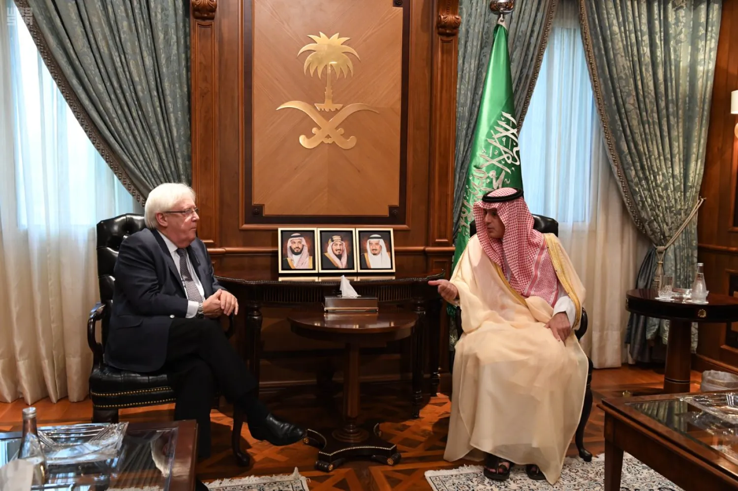Saudi State Minister for Foreign Affairs Adel al-Jubeir received the UN envoy to Yemen. (SPA)