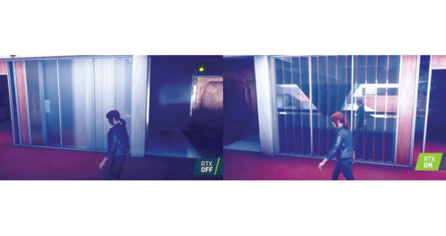 يمكن ملاحظة مؤثرات تقنية «تتبع الأشعة» في الجهة اليمنى (انعكاس الشخصية على الزجاج) ومن دون تفعيلها في الجهة اليسرى