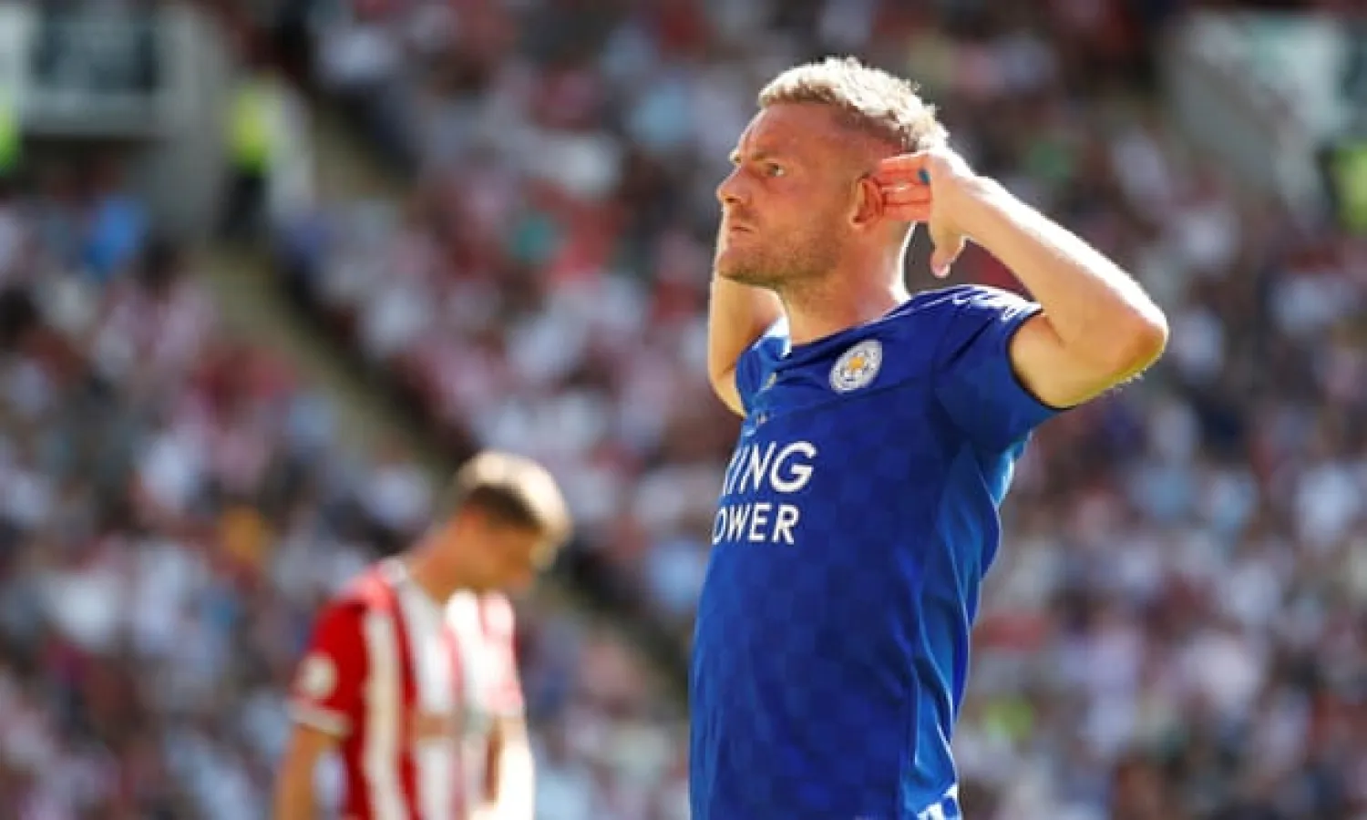  Jamie Vardy celebrates scoring Leicester’s first goal against Sheffield United. Brendan Rodgers’ side are unbeaten in their first four Premier League games. Photograph: David Klein/Reuters
