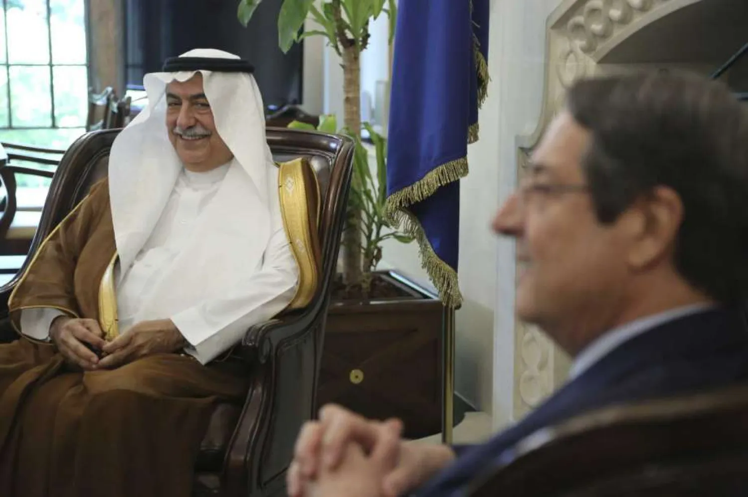 Cyprus' president Nicos Anastasiades, right, and Saudi Foreign Minister Ibrahim Bin Abdulaziz Al-Assaf talk during their meeting at the presidential palace in capital Nicosia, Cyprus, Wednesday Sept. 11, 2019. (AP Photo/Petros Karadjias)