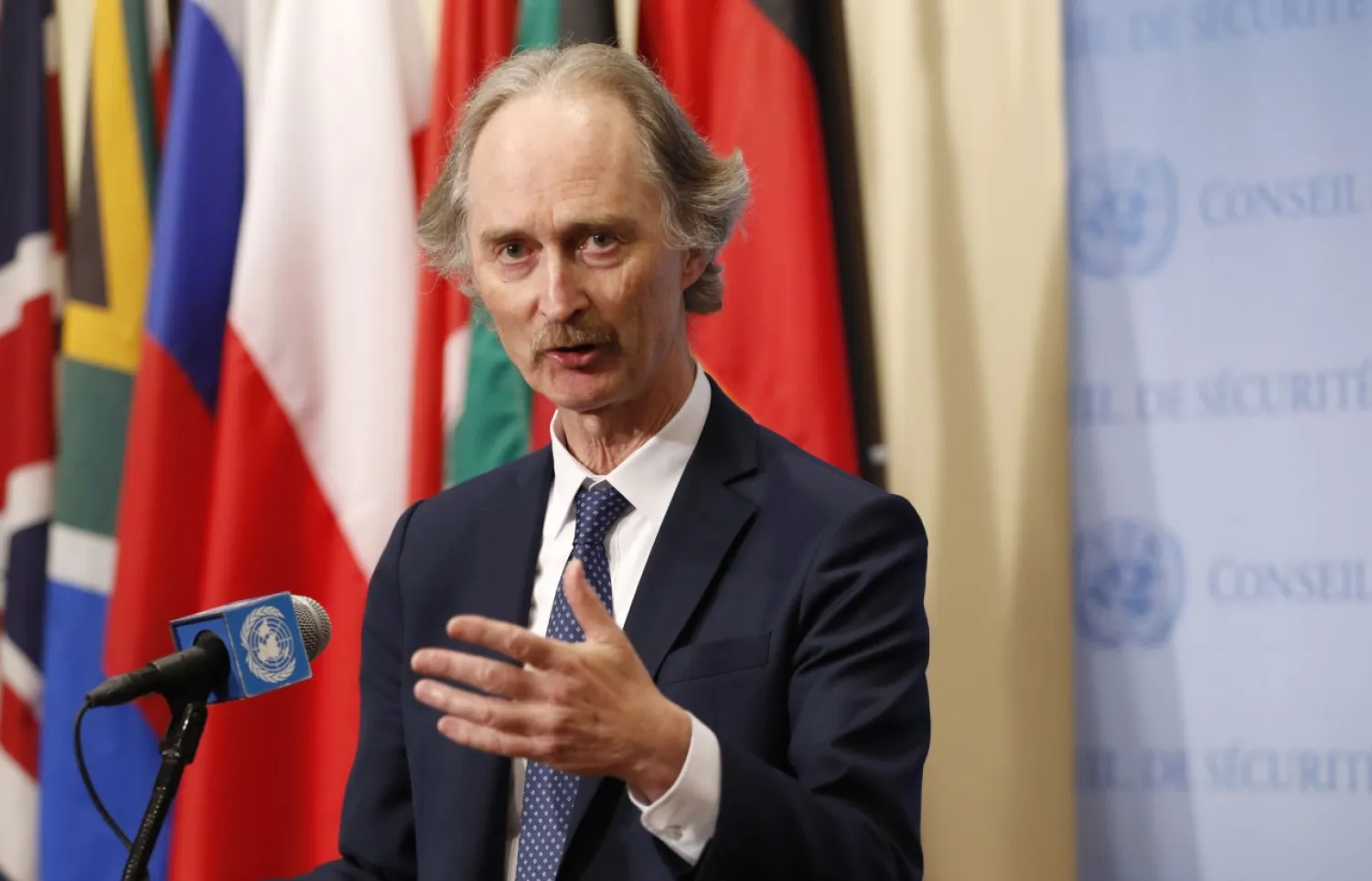 In this April 30, 2019 file photo, United Nations Special Envoy for Syria Geir Pedersen gestures as he speaks to the media following a UN Security Council meeting on Syria at UN headquarters. Reuters