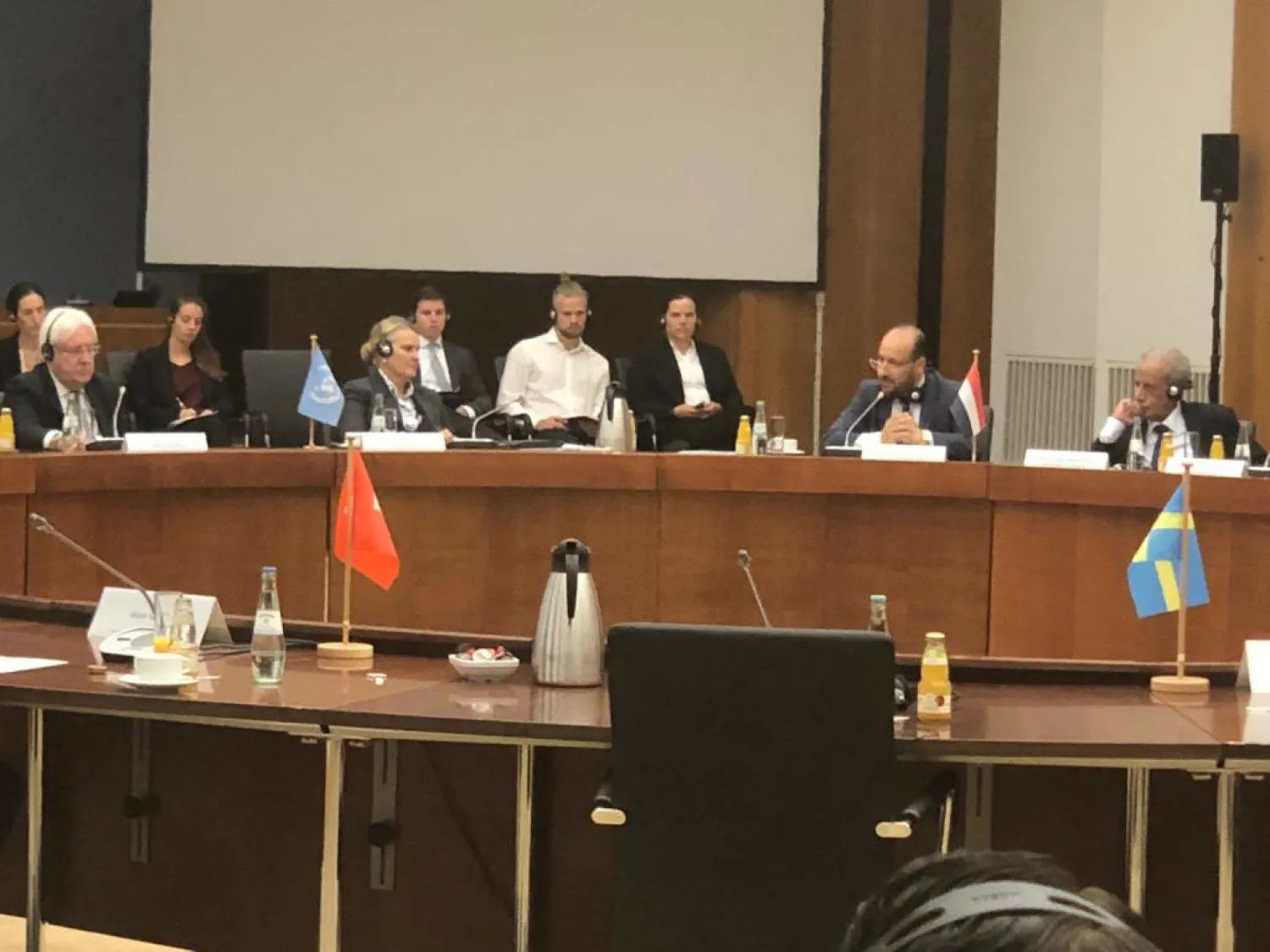 Yemen's Minister of Planning and International Cooperation, Najib al-Auj speaking at the conference in Berlin, Germany (Saba)
