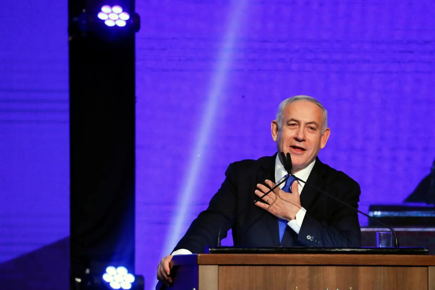 Israeli PM Netanyahu speaks at the Likud party headquarters following the announcement of exit polls during parliamentary election in Tel Aviv, Israel September 18, 2019. (Reuters)