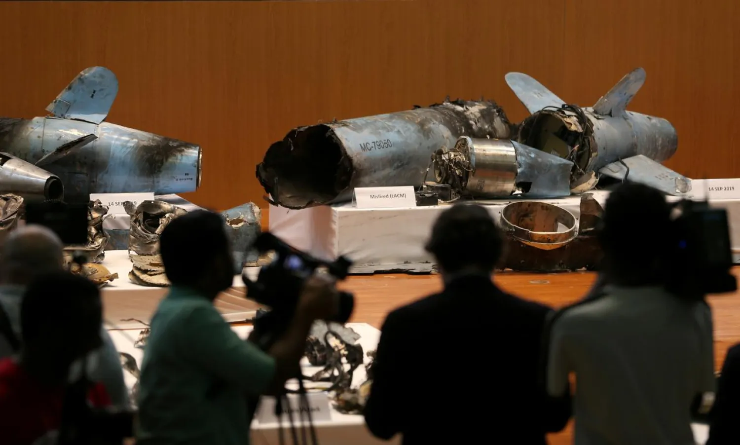 Remains of the missiles which were used to attack an Aramco oil facility, are displayed during a news conference in Riyadh, Saudi Arabia September 18, 2019. (Reuters)