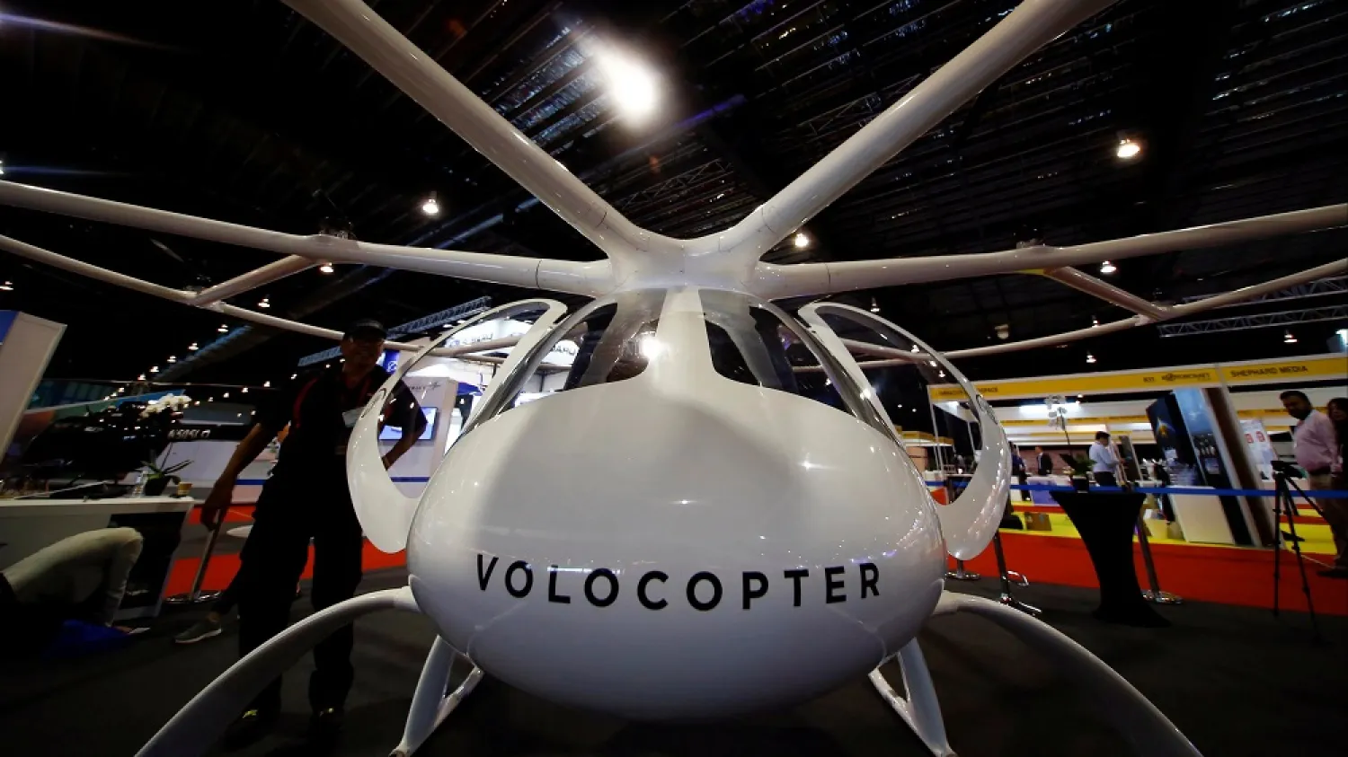 An air taxi by German company Volocopter is pictured at the Rotorcraft Asia trade show in Singapore on April 11. (Reuters)