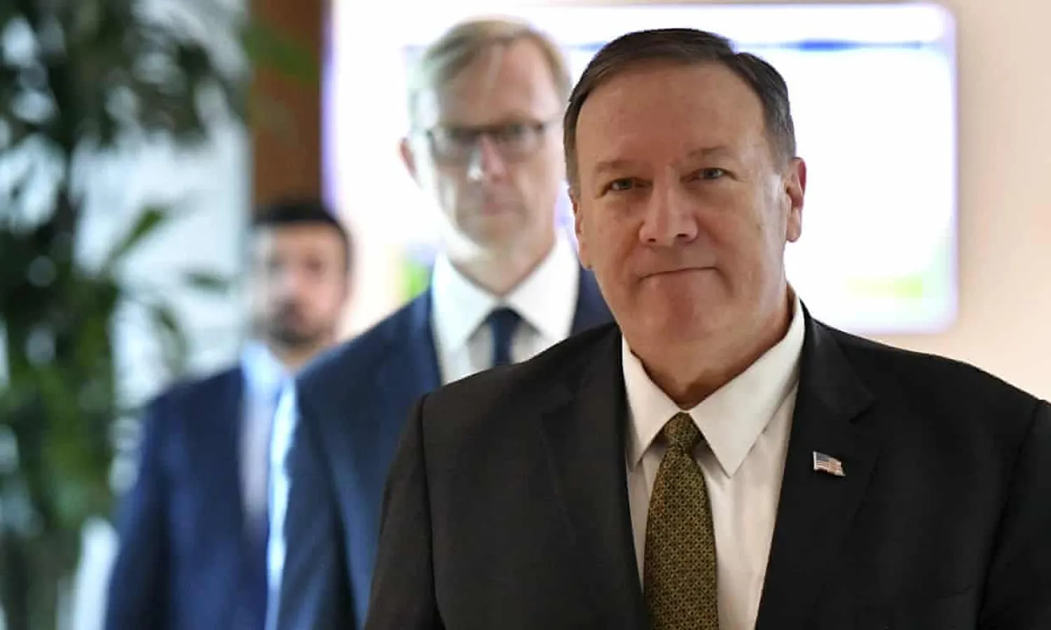 Mike Pompeo departs from al-Bateen Air Base in Abu Dhabi, United Arab Emirates, Thursday. Photograph: Mandel Ngan/AP