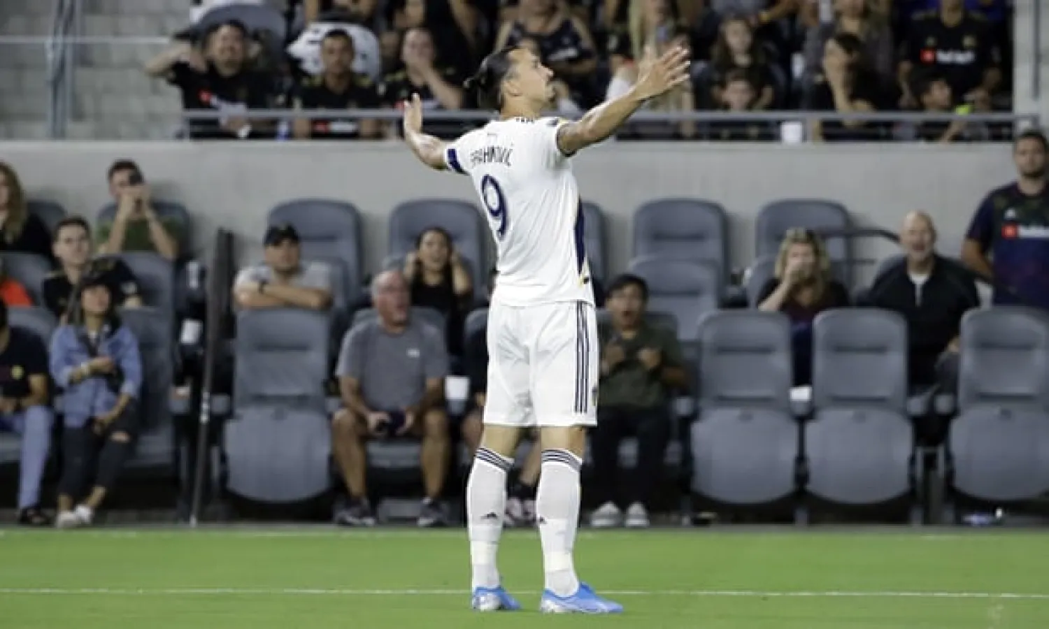  Zlatan Ibrahimovic celebrates another goal for the Galaxy. Photograph: Marcio José Sánchez/AP
