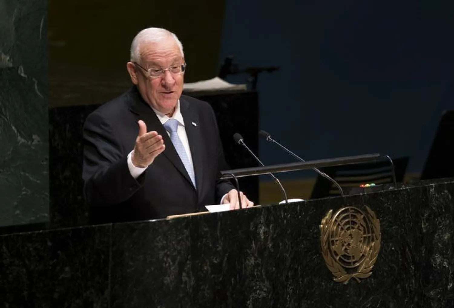 Israel's President Reuven Rivlin speaks in the United Nations General Assembly Hall. Reuters