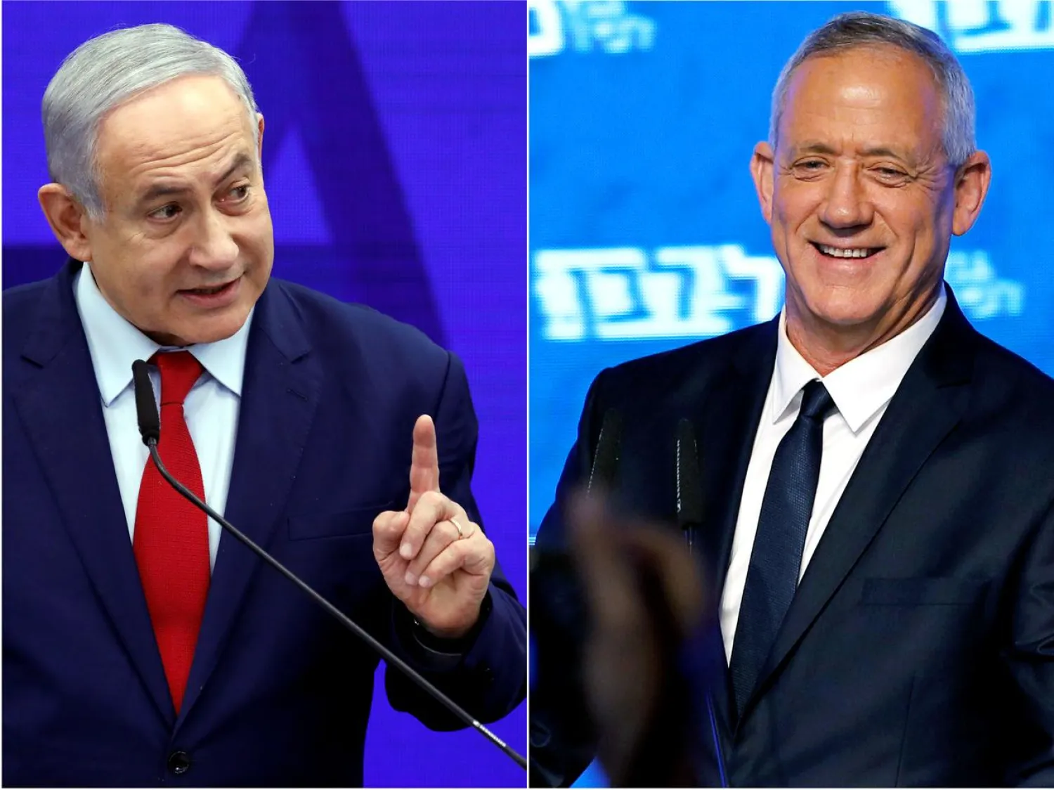 FILE PHOTO: A combination picture shows Israeli Prime Minister Benjamin Netanyahu in Ramat Gan, near Tel Aviv, Israel September 10, 2019 and Benny Gantz, head of Blue and White party in Tel Aviv, Israel April 10, 2019. REUTERS/Amir Cohen/File Photo, REUTERS/Corinna Kern/File Photo