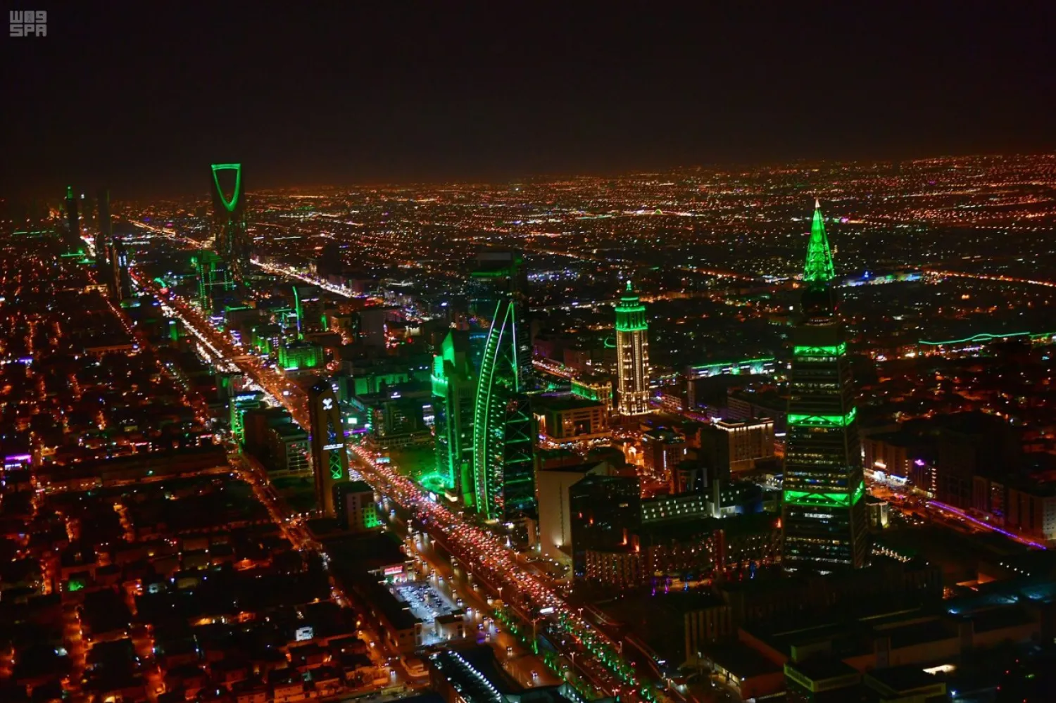 The Saudi capital Riyadh is lit up in green to mark the Kingdom's national day. (SPA)