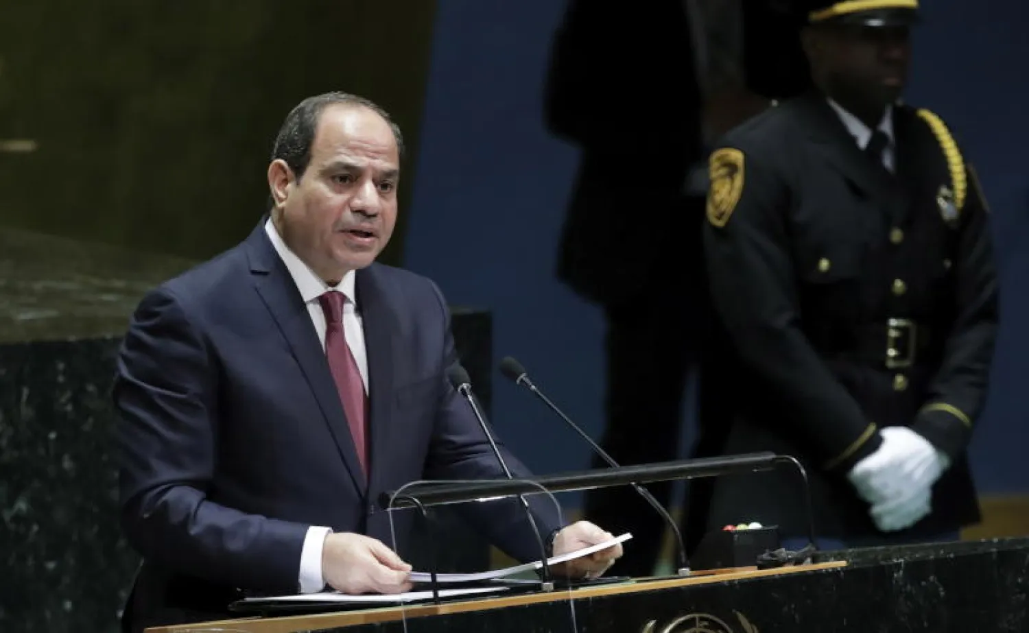 الرئيس المصري عبد الفتاح السيسي يلقي كلمته خلال الاجتماع رفيع المستوى للدورة الـ74 للجمعية العامة للأمم المتحدة (إ.ب.أ)