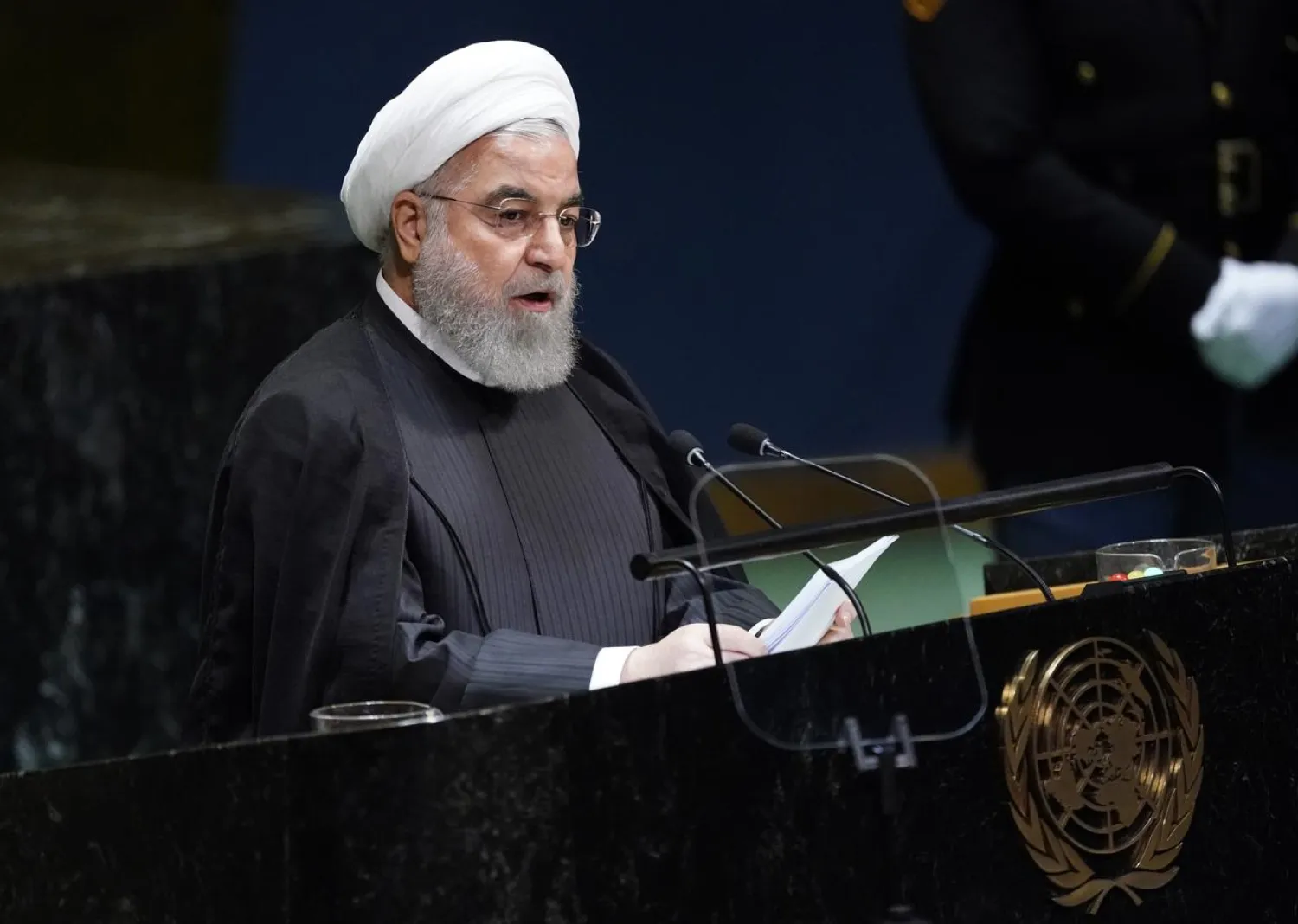 Iran's President Hassan Rouhani addresses the 74th session of the United Nations General Assembly at UN headquarters in New York City, New York, US, September 25, 2019. (Reuters)